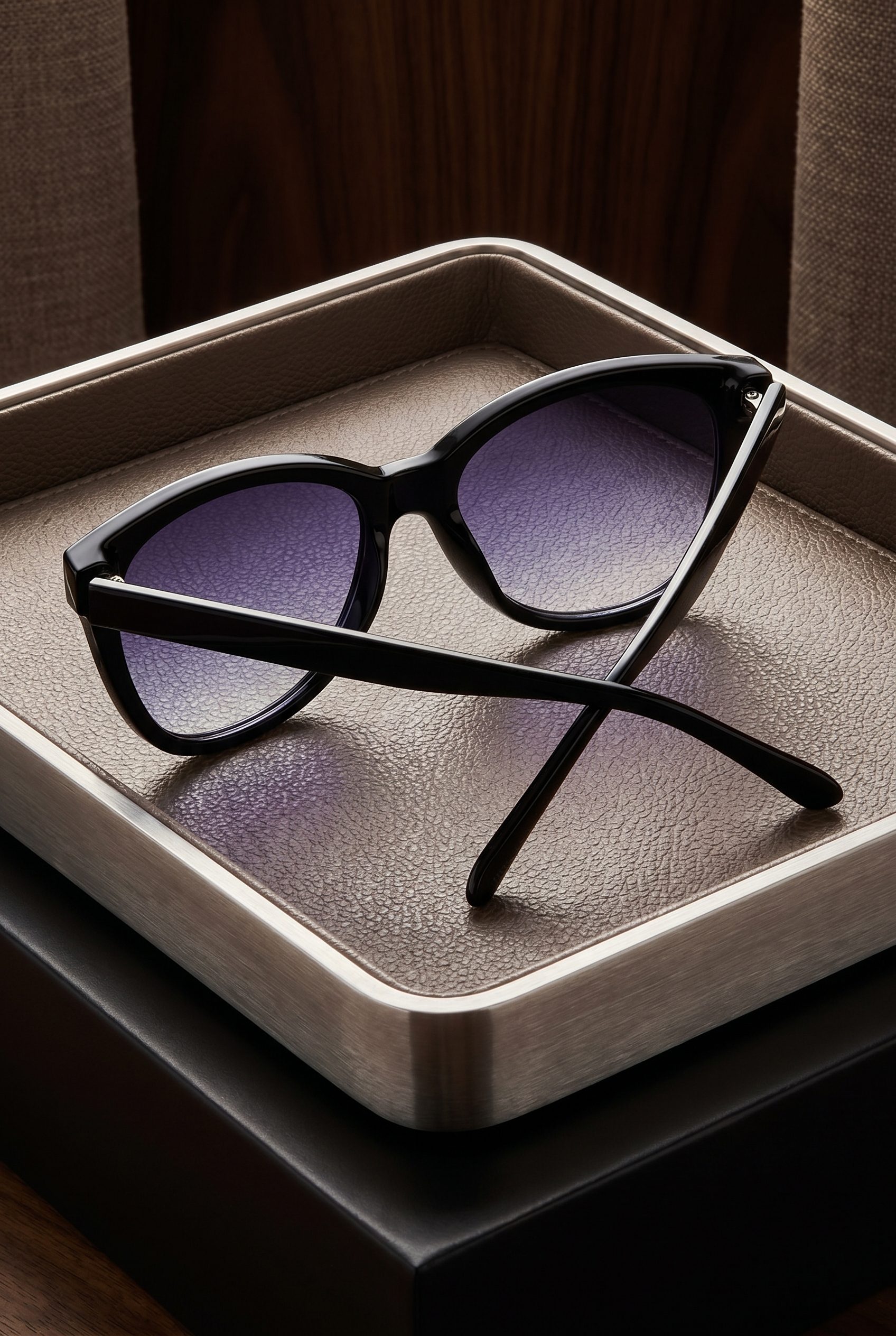 Amazon listing visual showing black cateye sunglasses for accessory, footwear, jewelry, and bag products