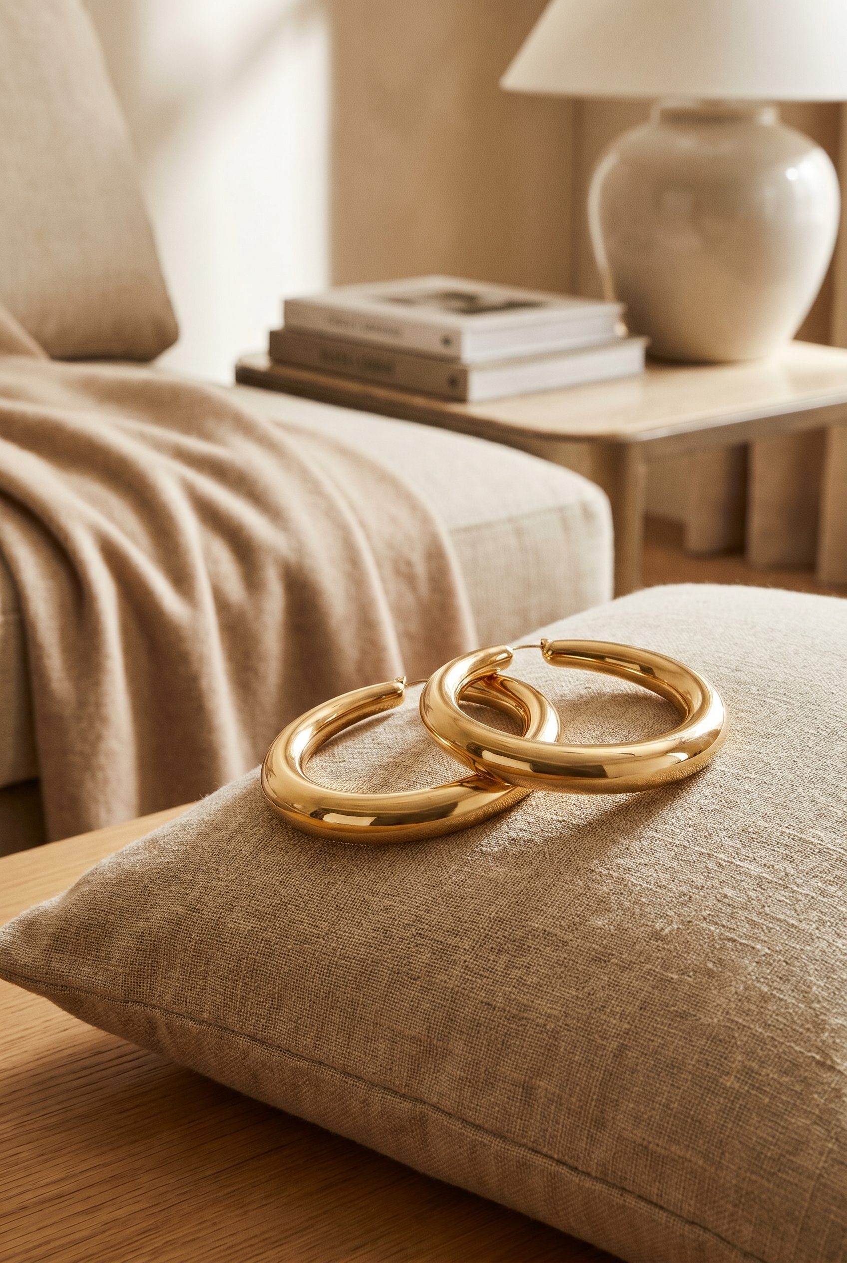 Amazon listing visual showing thick gold hoop earrings for accessory, footwear, jewelry, and bag products