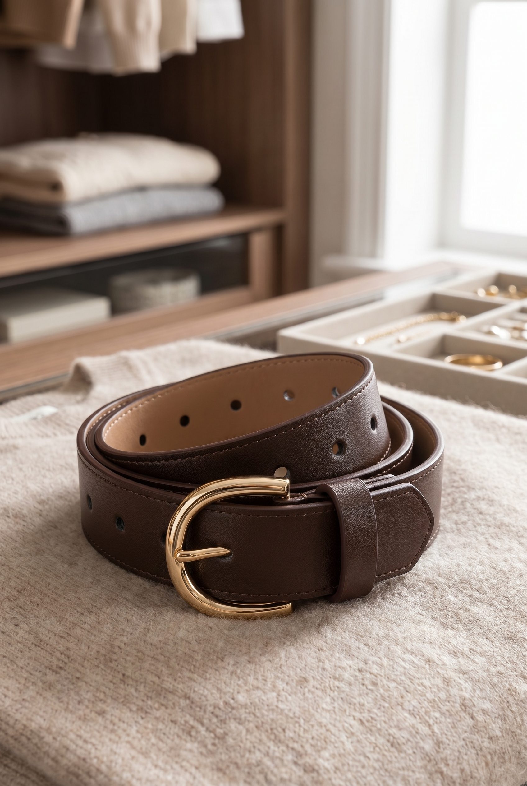 Fotogenic AI generated ecommerce accessories image of a brown laser cut belt in a premium product scene