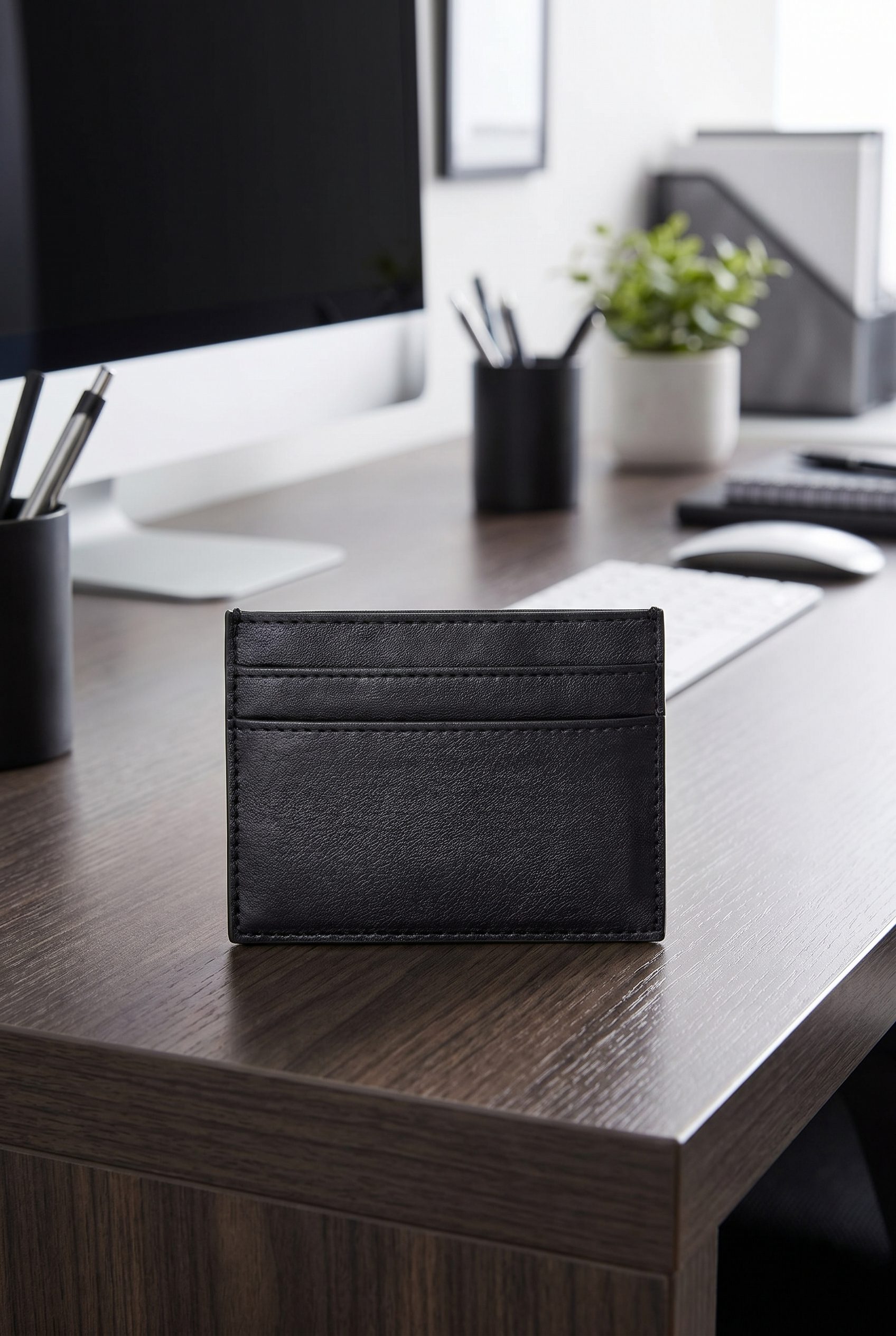 Fotogenic AI generated ecommerce accessories image of a black card case wallet in a clean product scene