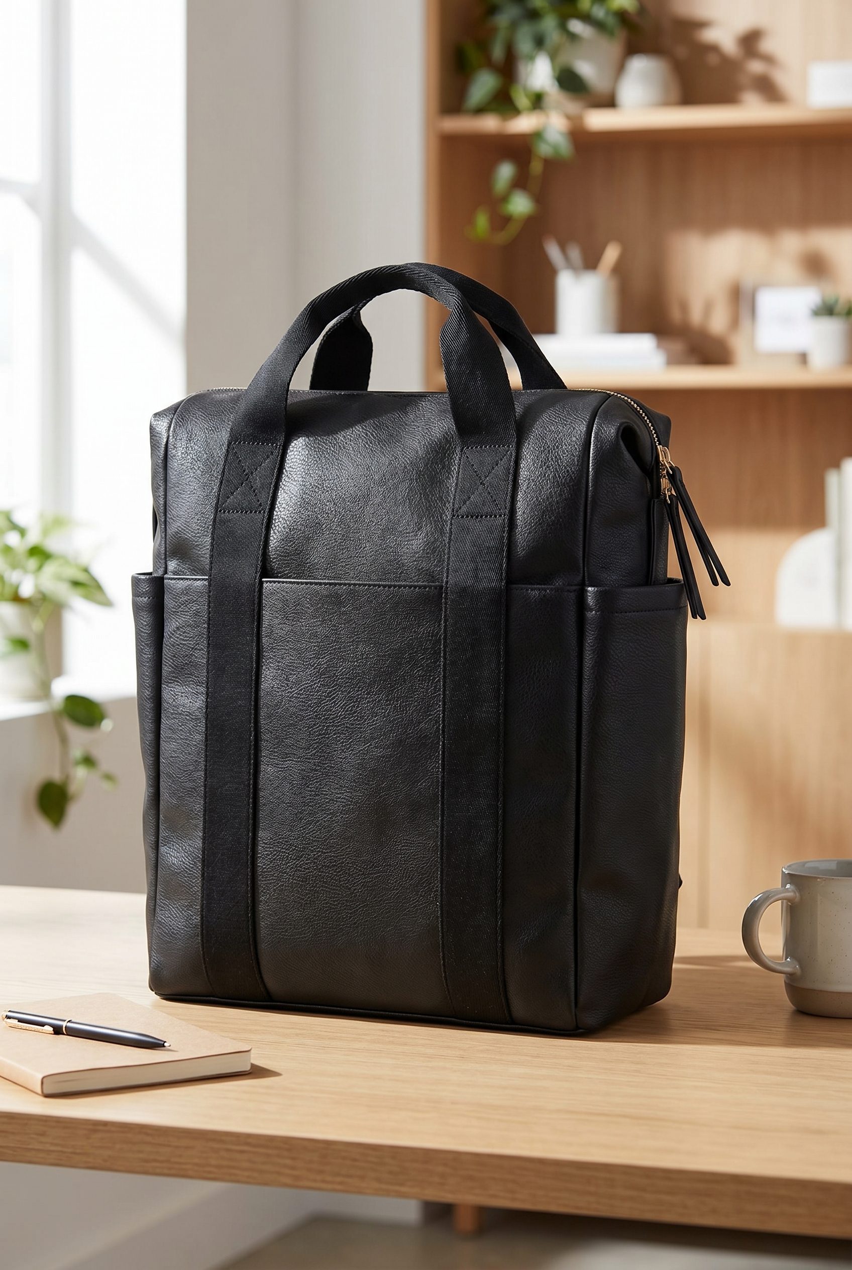 Amazon listing visual showing black convertible backpack for accessory, footwear, jewelry, and bag products