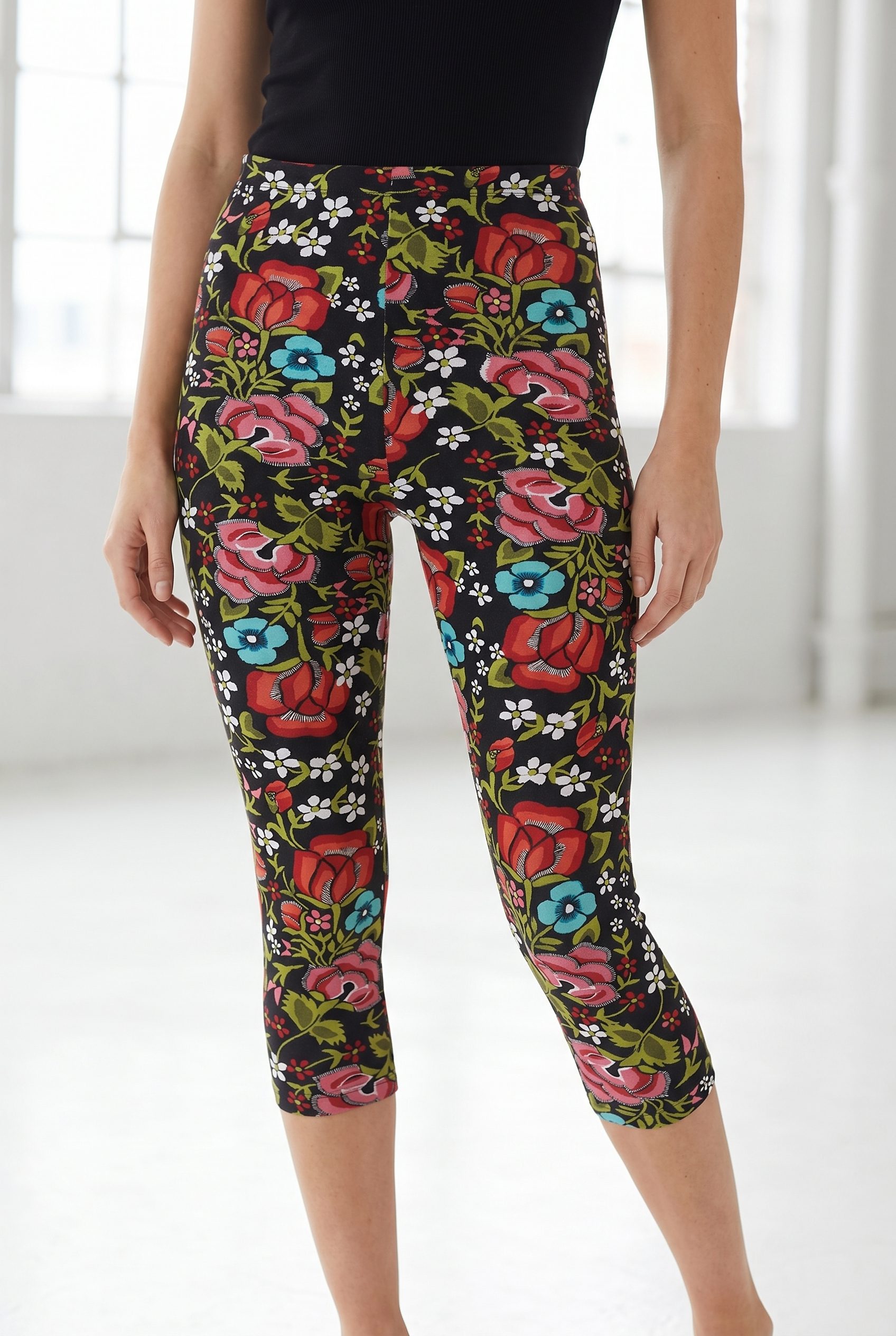 Amazon listing visual showing black capri leggings for apparel and fashion products
