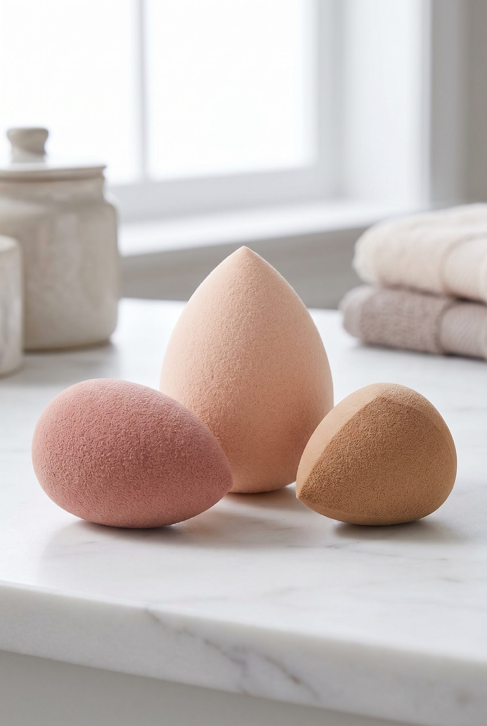 Ad-ready AI product photo of logo-free makeup sponges for beauty ecommerce campaigns