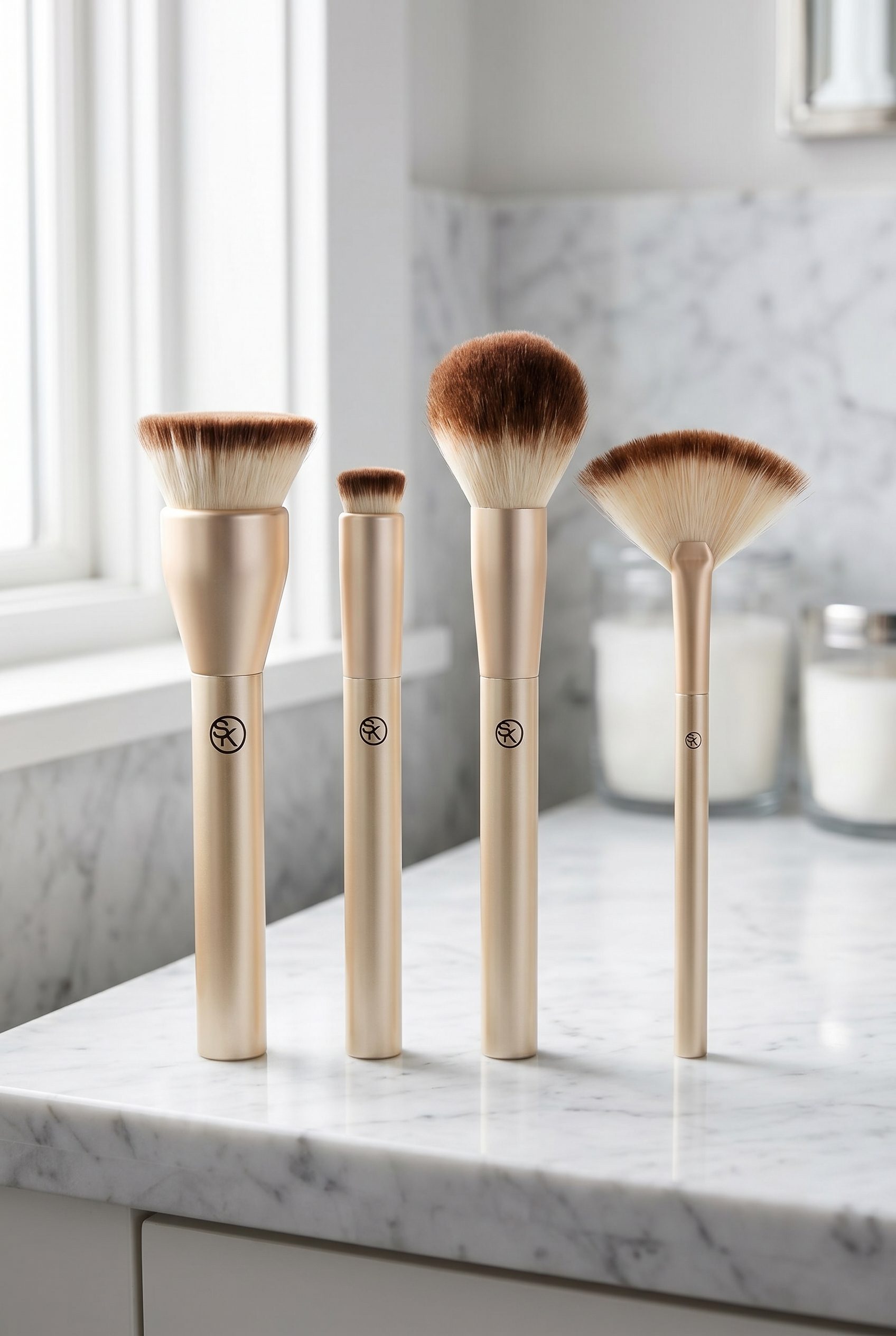 Fotogenic AI product image generator beauty example showing a face brush set in a polished 2 by 3 ecommerce scene