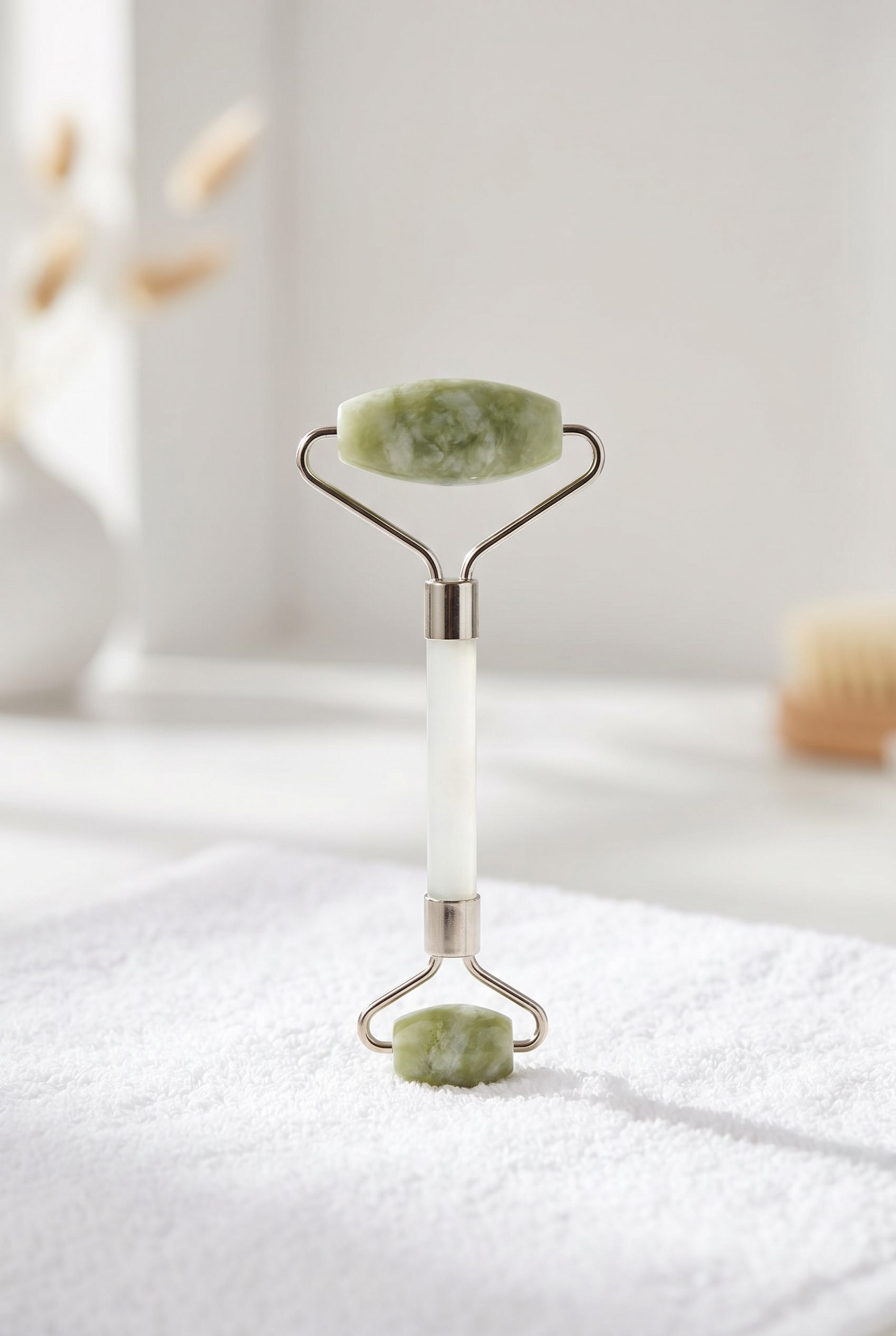Fotogenic AI product image generator beauty example showing a jade facial roller in a polished ecommerce scene