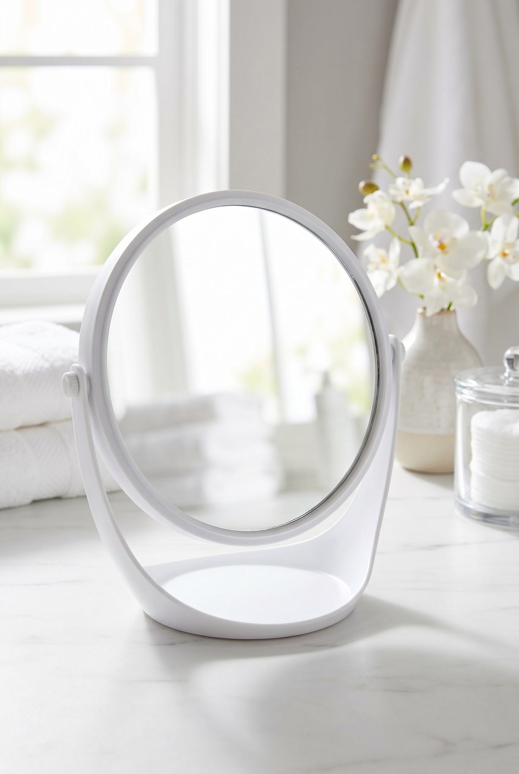 Fotogenic AI product image generator beauty example showing a white vanity makeup mirror in a polished 2 by 3 scene