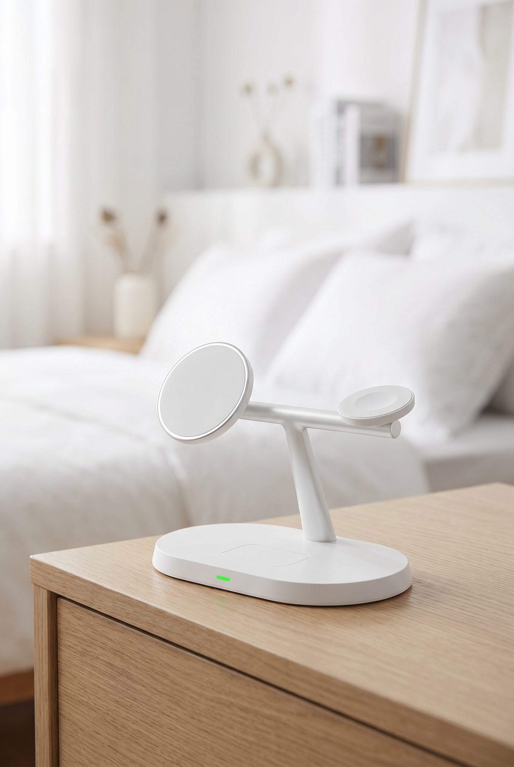 Fotogenic AI generated ecommerce electronics photo of a white charging station on a styled nightstand