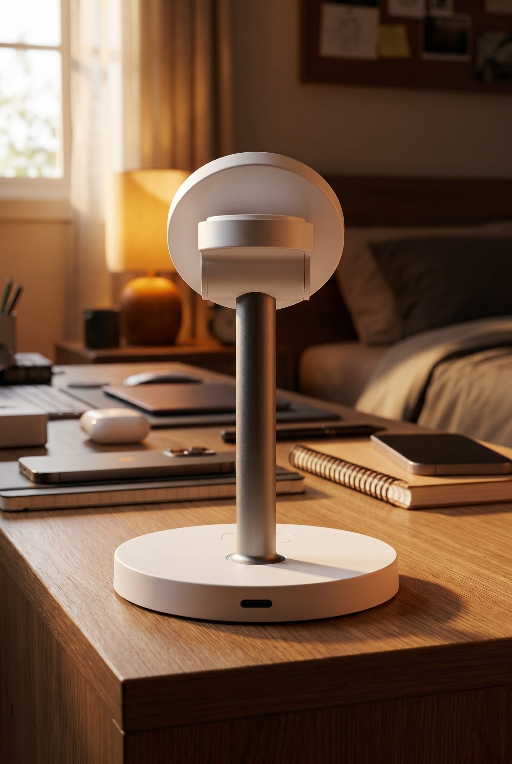 Fotogenic AI generated ecommerce electronics photo of a three in one charging station in a warm bedroom workspace