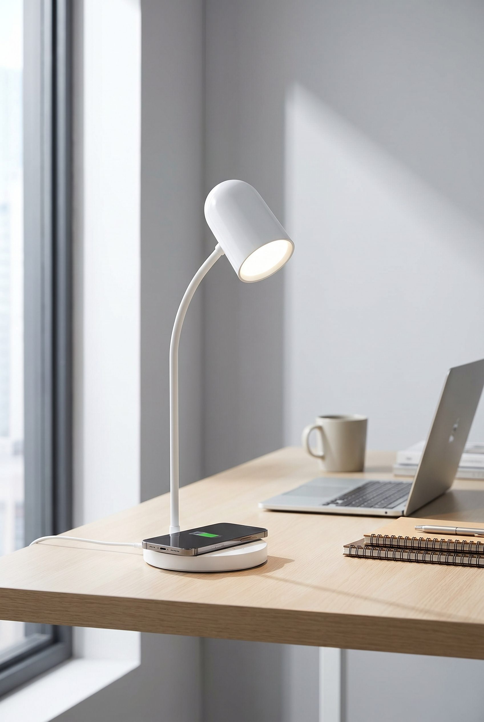 Amazon listing visual showing white led desk lamp charging for electronics products