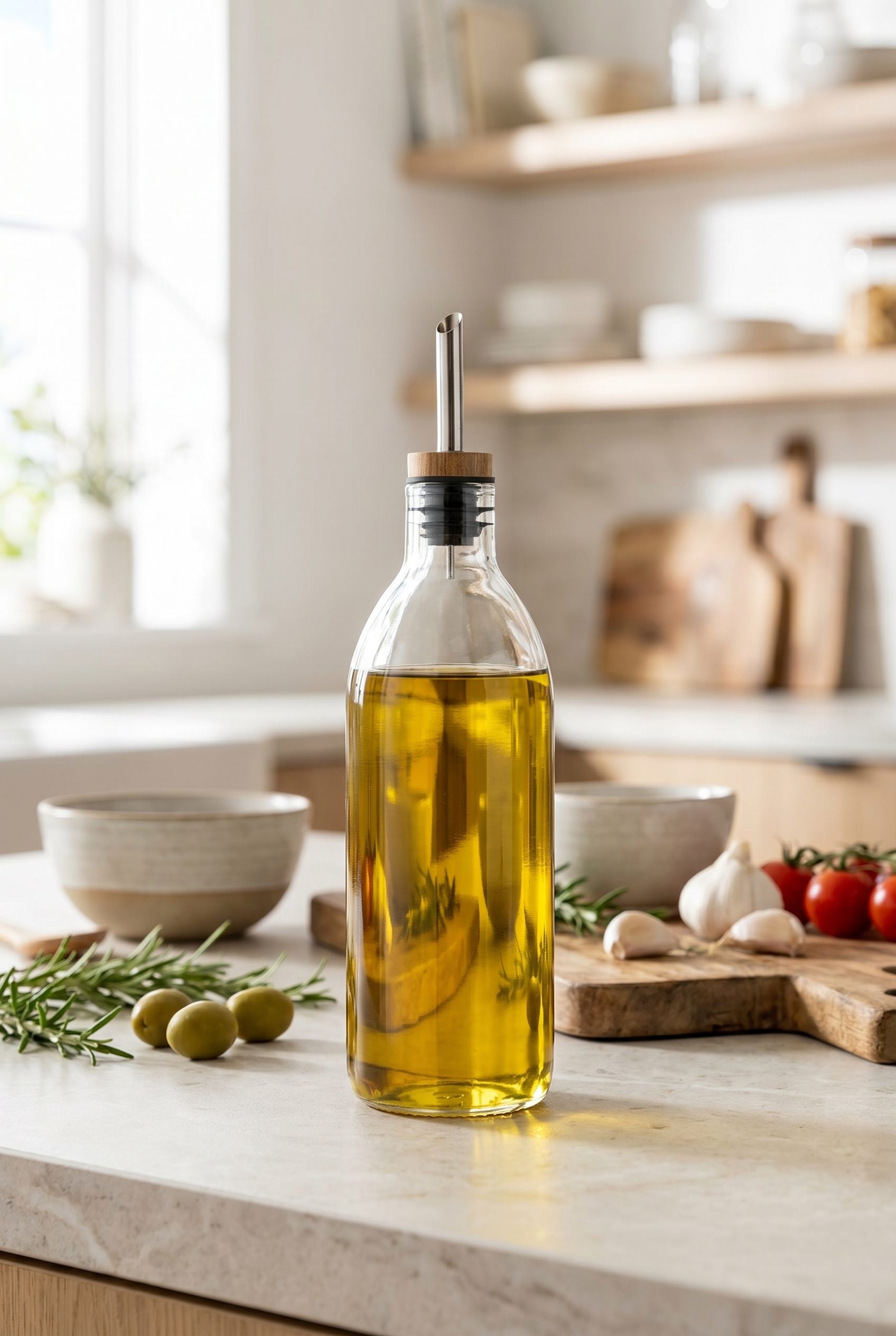WordPress store visual showing clear olive oil bottle for food and beverage products