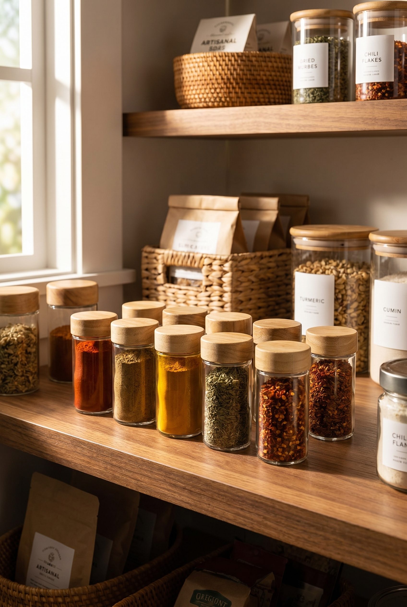 Fotogenic AI generated ecommerce product photo of a glass spice jar set in a clean food and beverage category scene