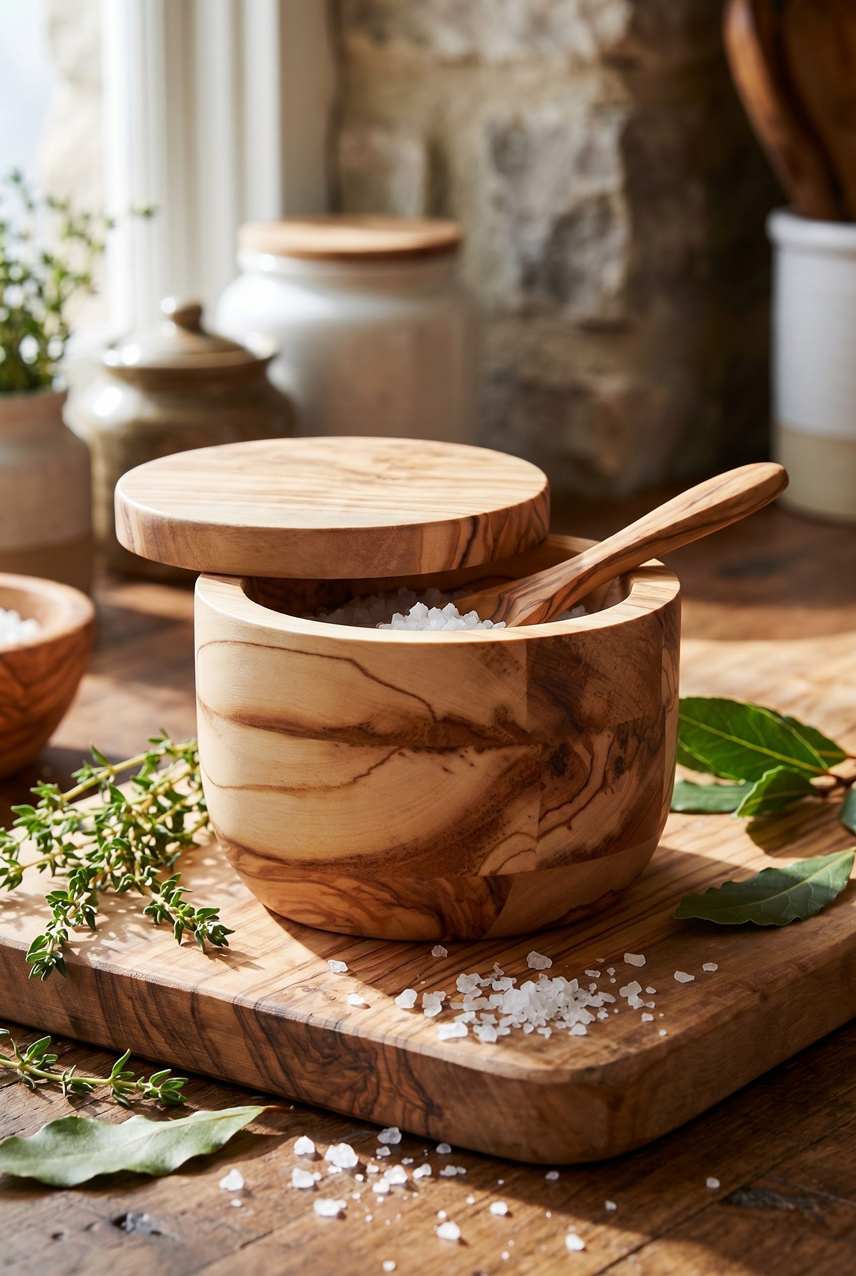 Fotogenic AI generated ecommerce product photo of a wood salt cellar in a clean food and beverage category scene
