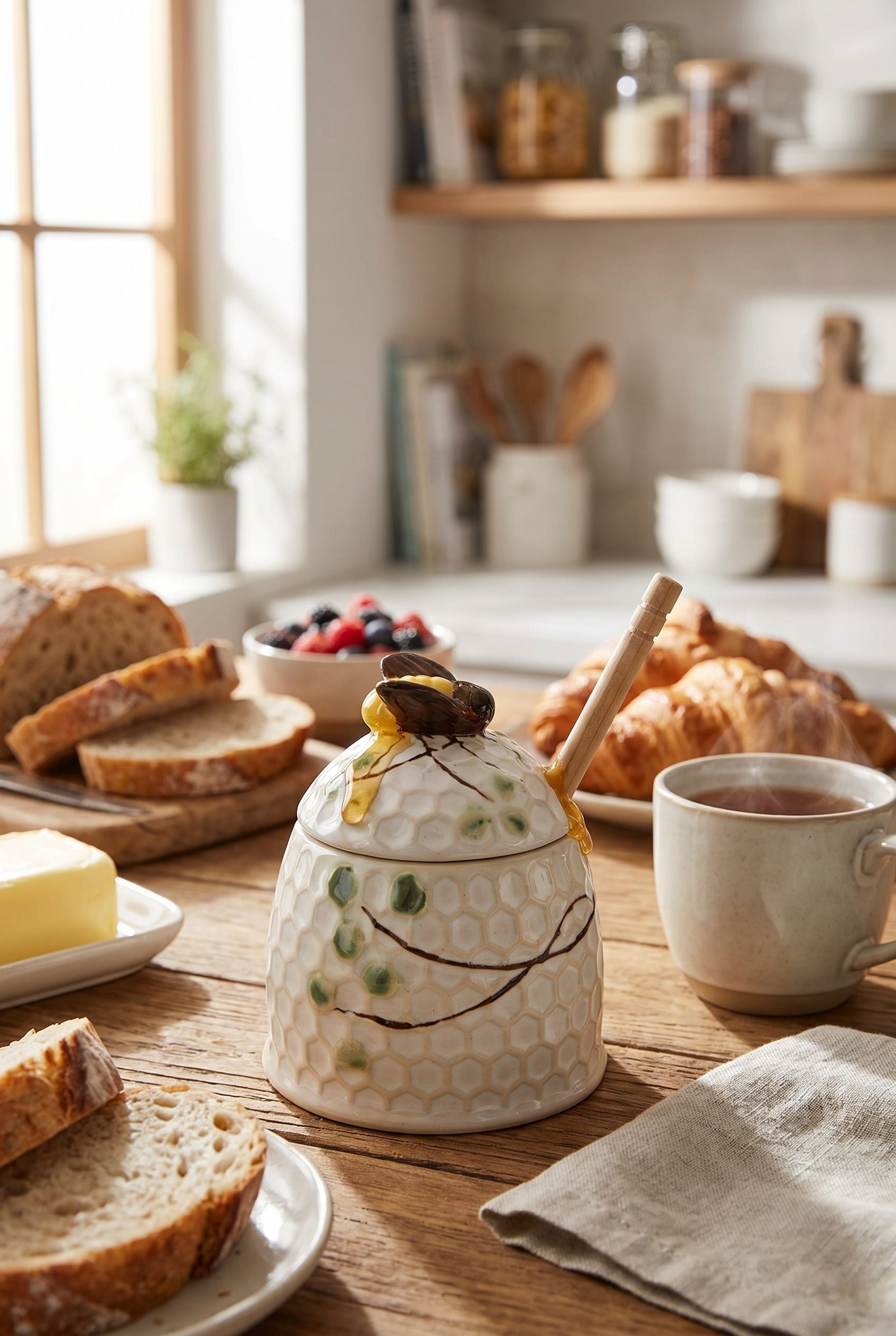 Fotogenic AI generated ecommerce product photo of a stoneware honey jar in a clean food and beverage category scene