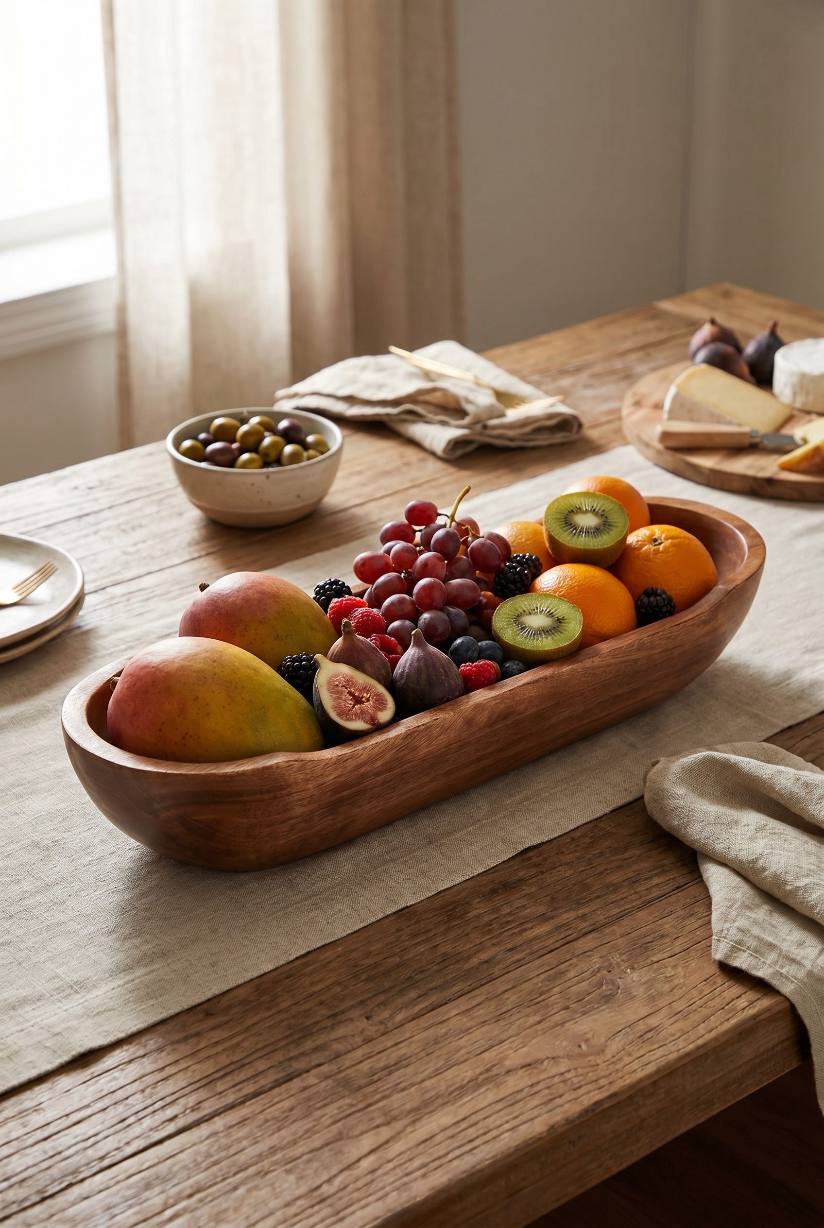 Fotogenic AI generated ecommerce product photo of a mango wood serving bowl in a clean food and beverage category scene