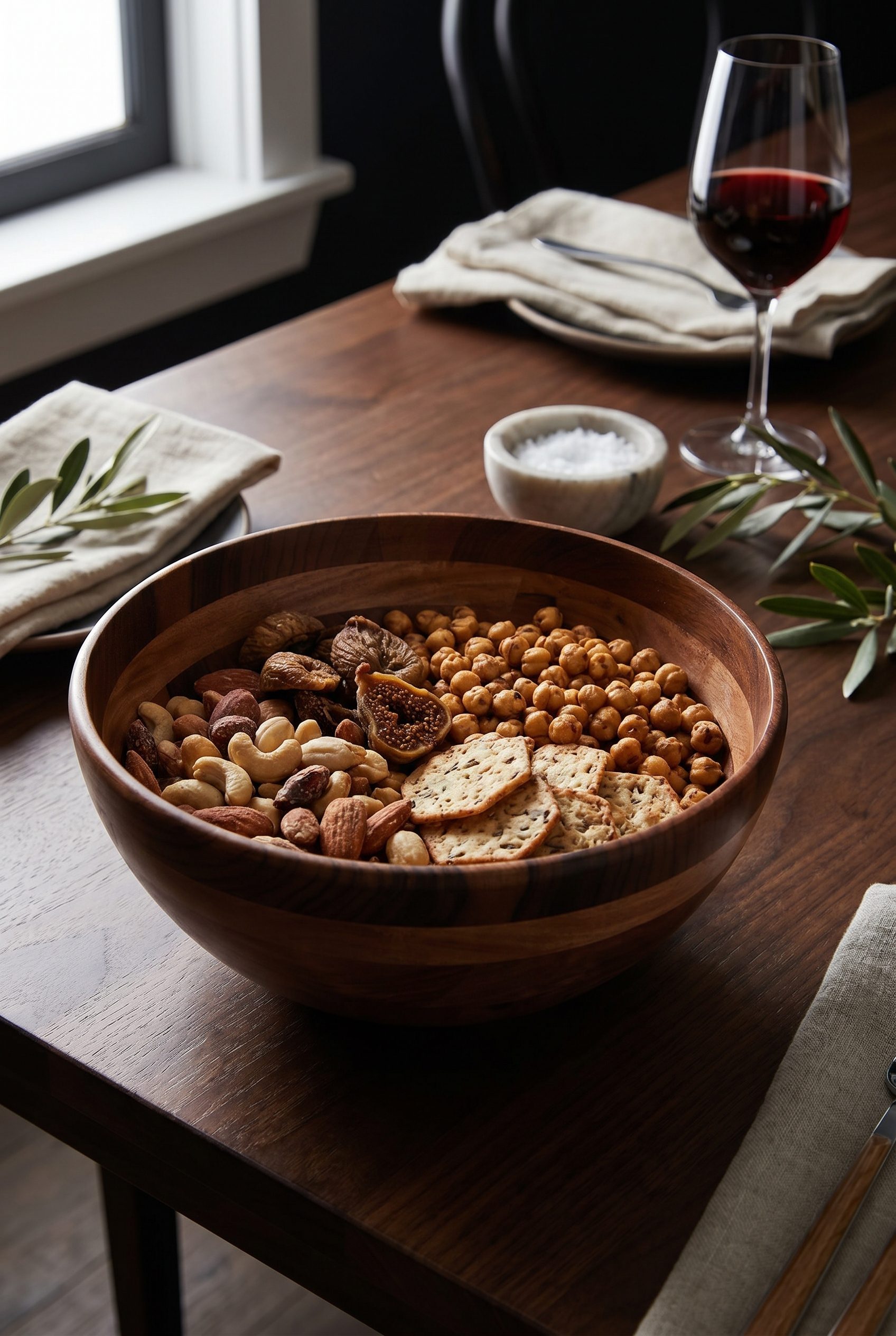 Fotogenic AI generated ecommerce product photo of a round wood serving bowl in a clean food and beverage category scene