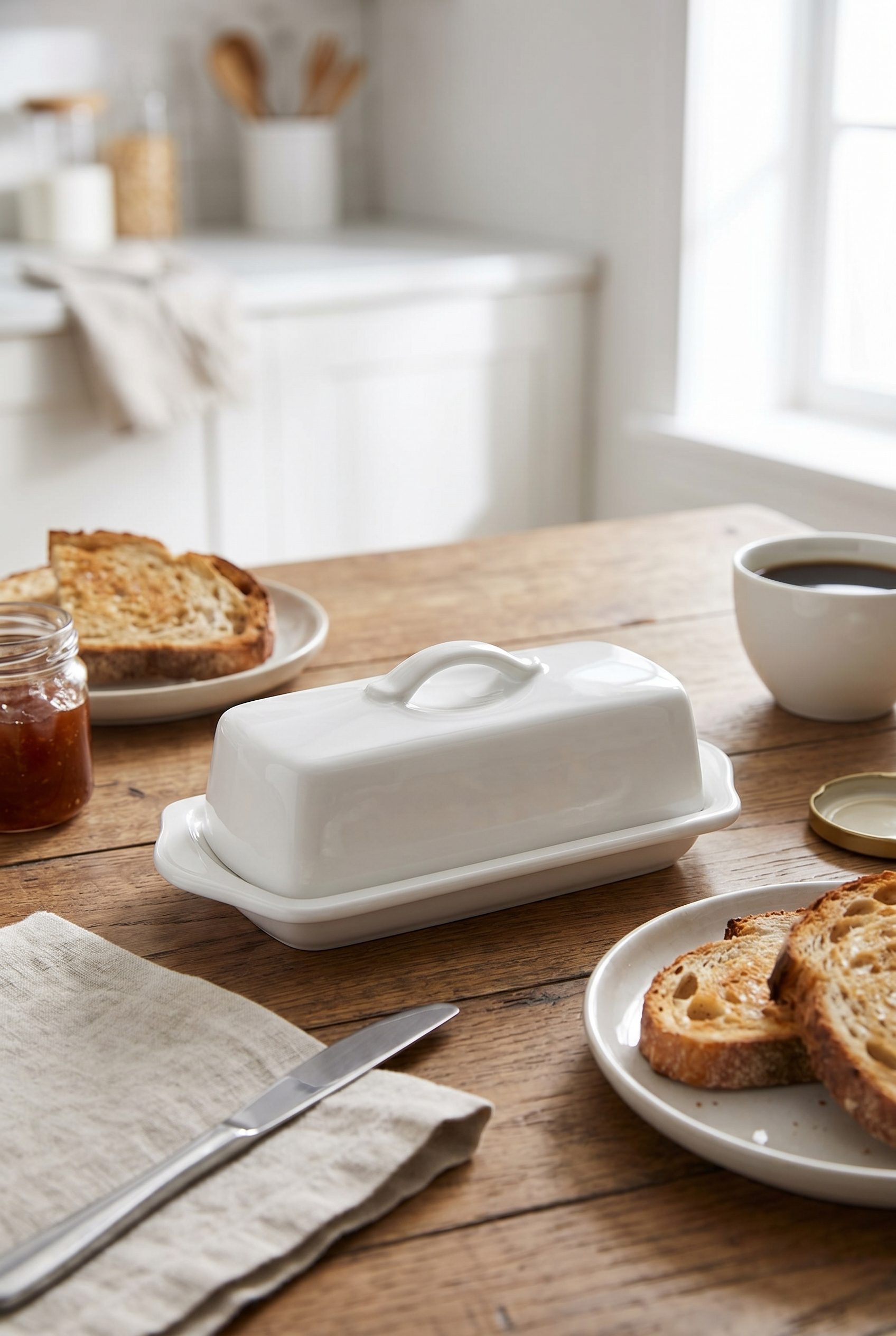 Fotogenic AI generated ecommerce product photo of a white ceramic butter dish in a clean food and beverage category scene