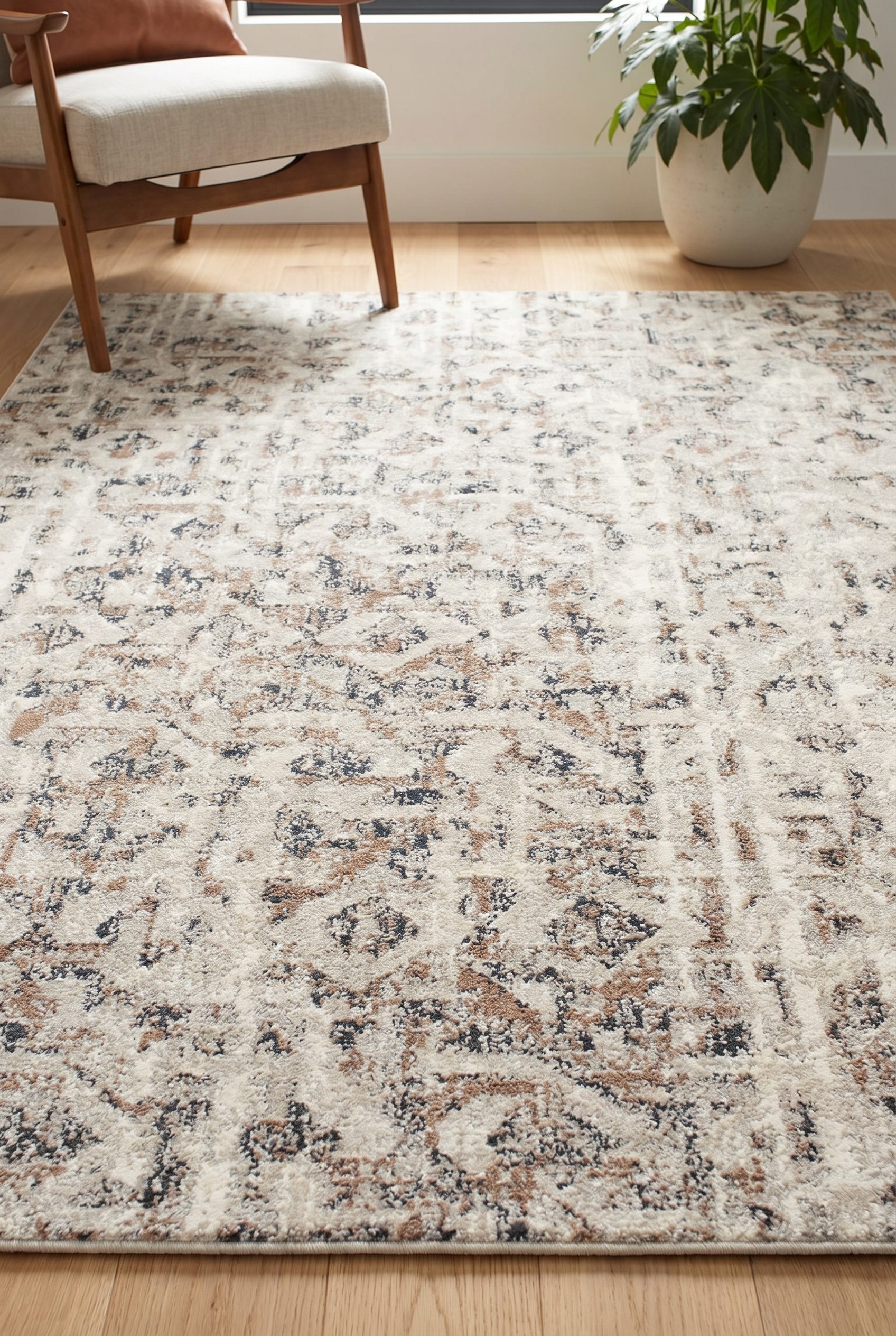 Fotogenic AI generated ecommerce product photo of a geometric area rug in a clean home category scene