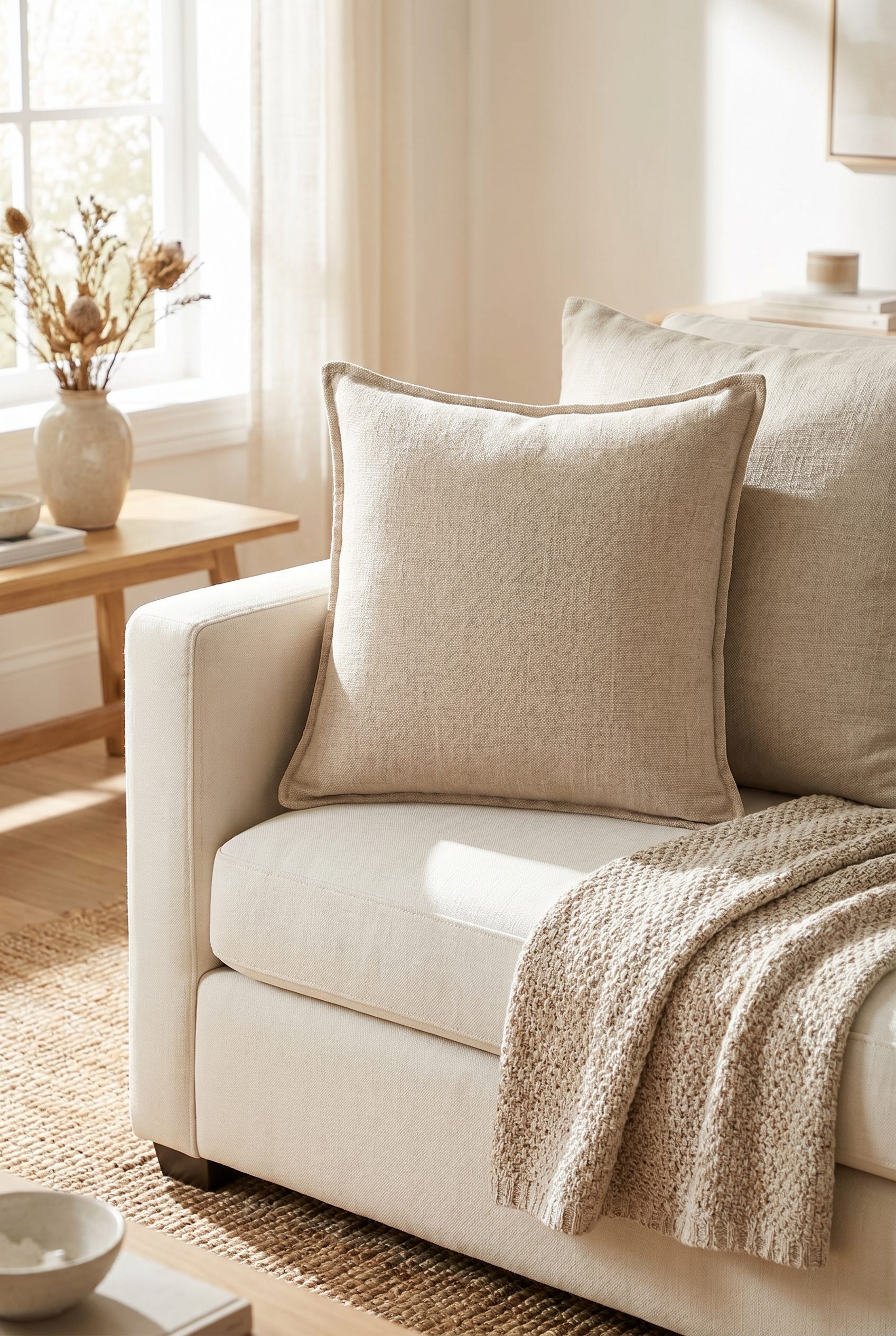Fotogenic AI generated ecommerce product photo of a neutral linen throw pillow in a clean home category scene