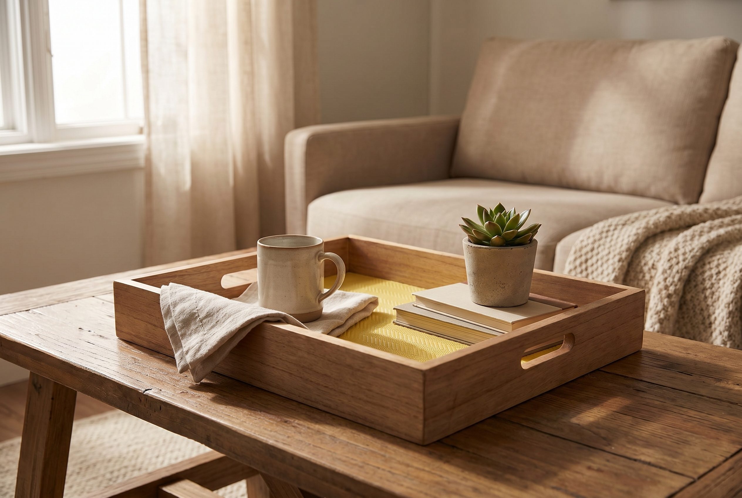 Fotogenic AI ecommerce workflow image of a wooden tray styled in a warm home scene