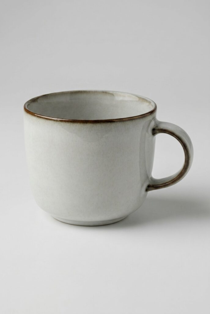 Pale ceramic mug against a neutral background.