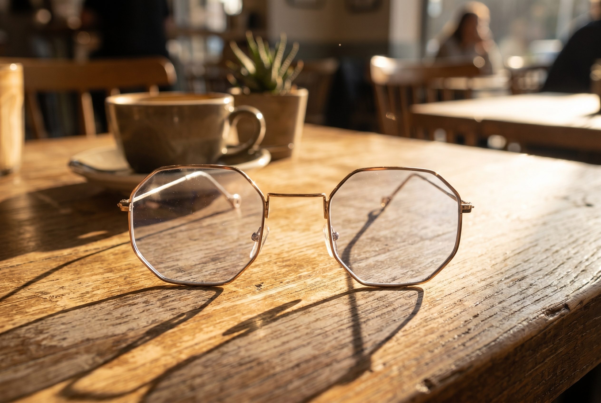 AI background generator for product photos showing sunglasses in an on the go cafe lifestyle scene
