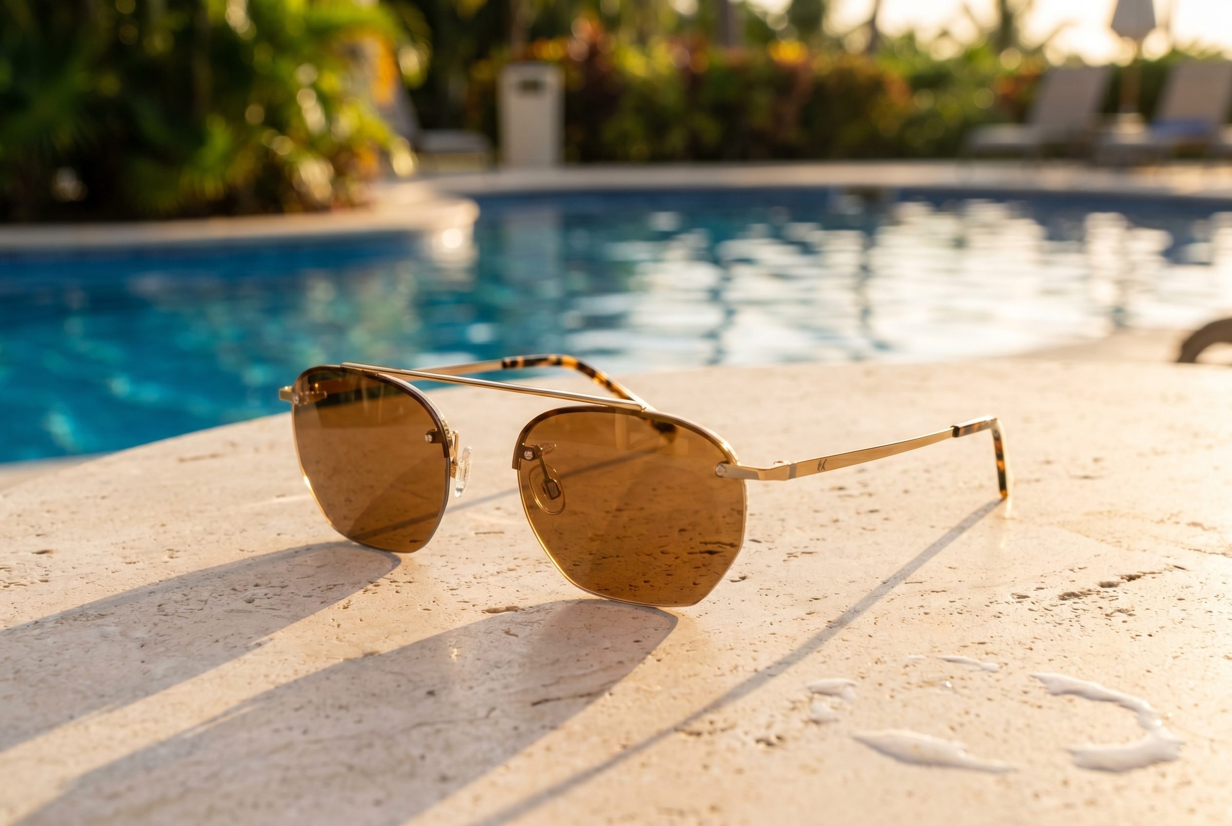 Fotogenic AI outdoor natural preset showing gold sunglasses in a resort daylight scene