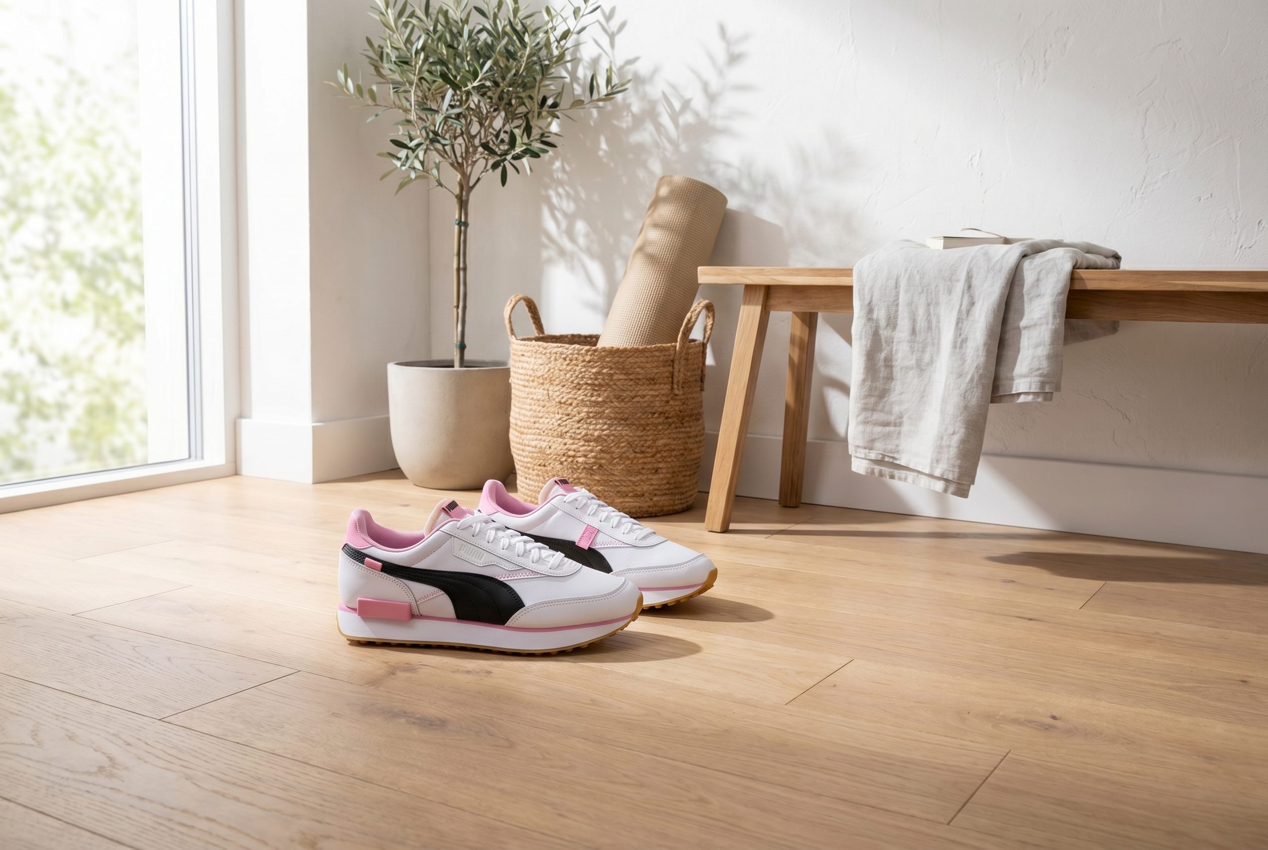 Fotogenic AI generated footwear product photo showing pink and white sneakers in a clean lifestyle entryway scene