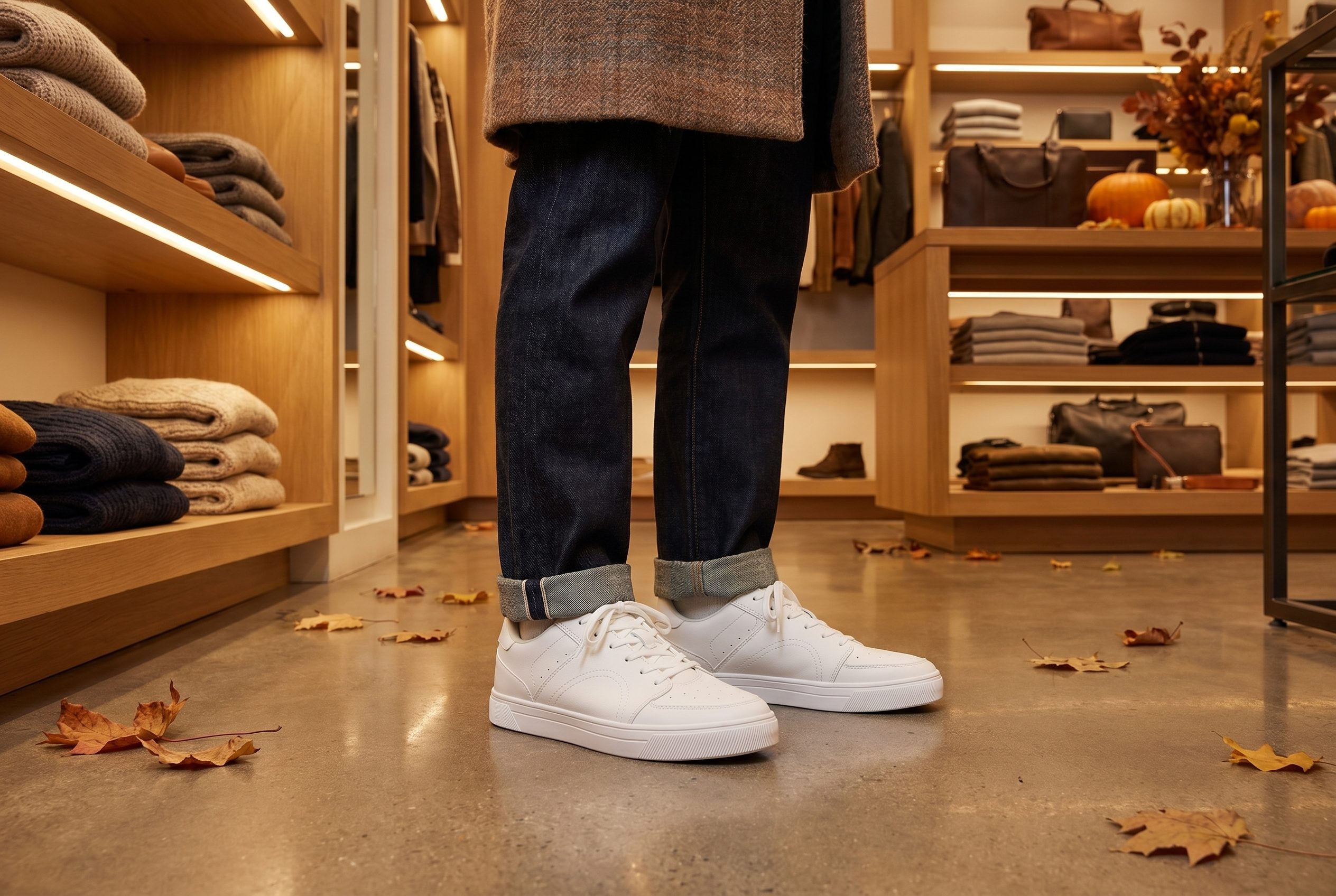 White sneakers seasonal refresh image for footwear catalog visuals