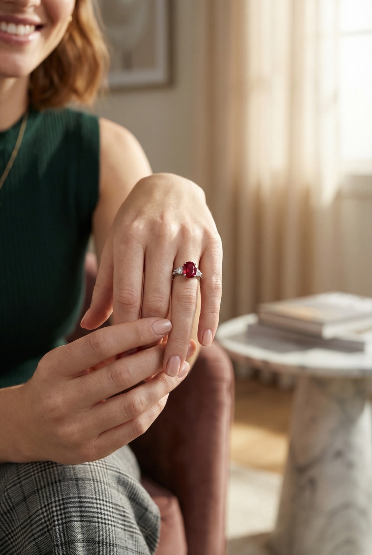 Ring product photo worn on finger in a warm jewelry ecommerce scene.