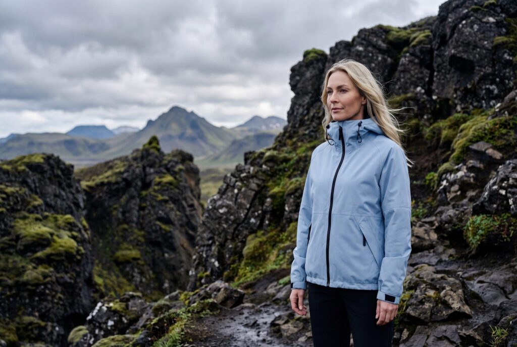 Woman wearing a pale blue rain jacket among dark coastal rocks.