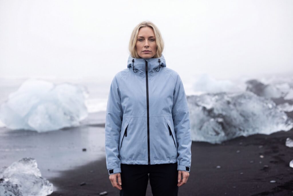 Woman wearing a pale blue outdoor jacket beside an icy shoreline.