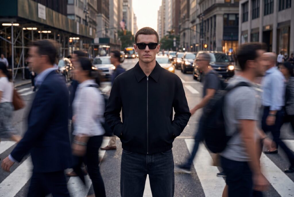 Man wearing a black jacket on a busy city crossing.
