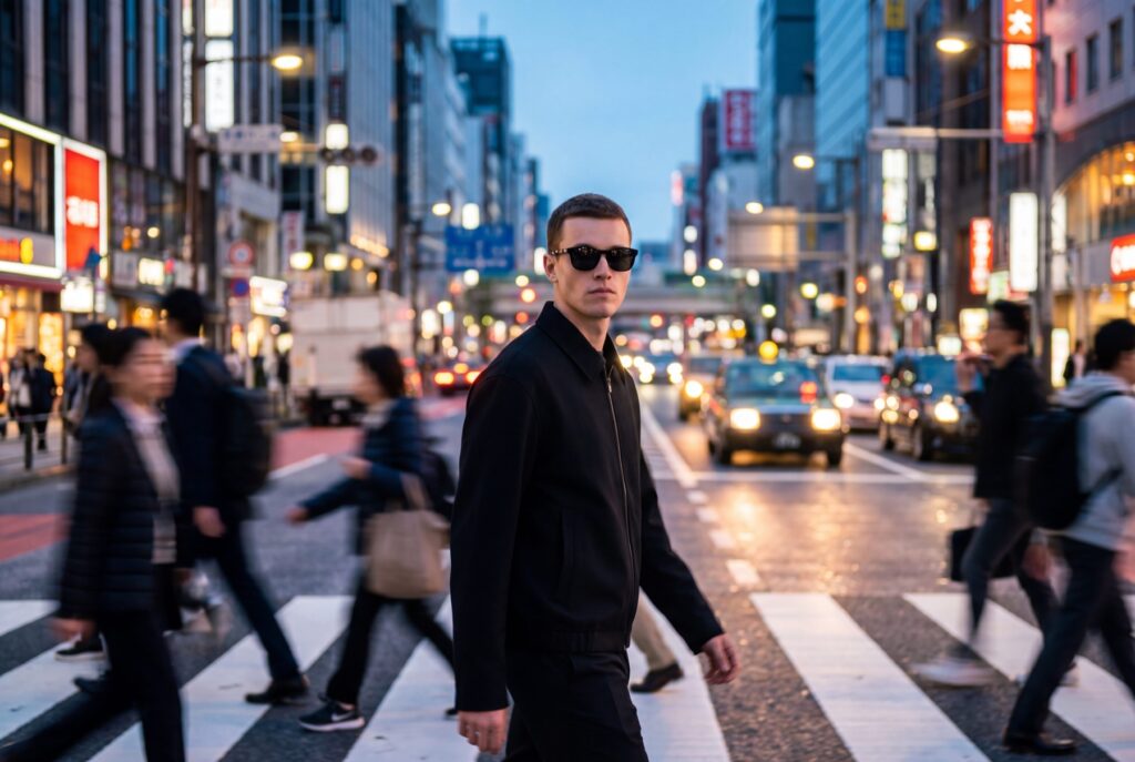 Man wearing a black jacket and sunglasses at a busy city crossing.
