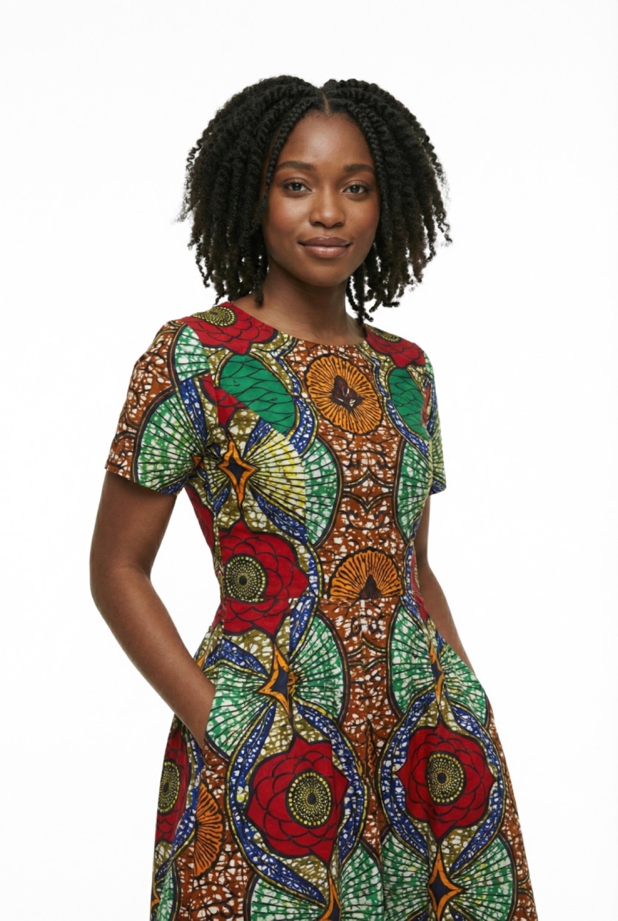 Fotogenic AI model generator ecommerce product photo of a model wearing a patterned dress for catalog imagery