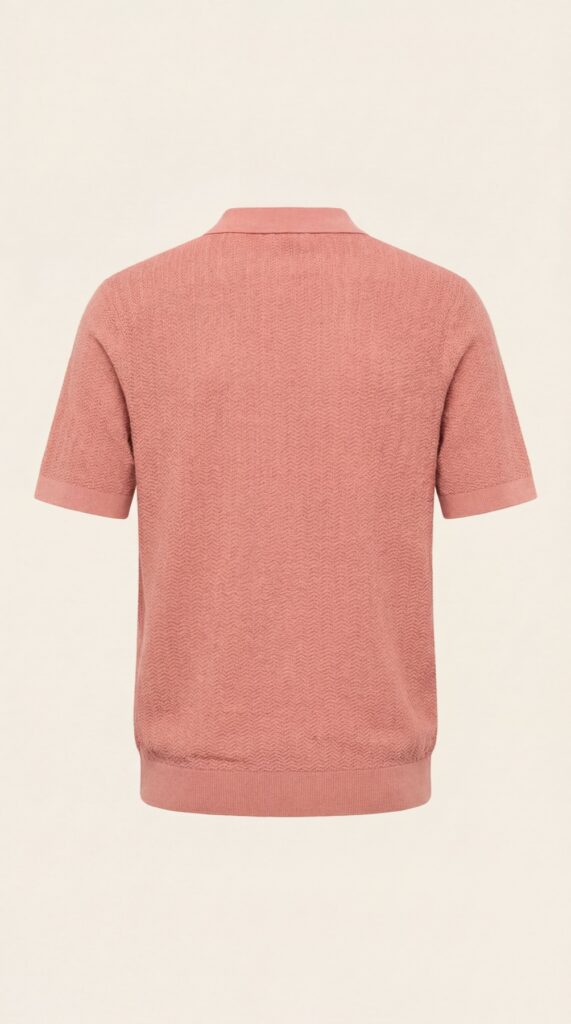 Back of a muted pink polo shirt against a warm pale background.