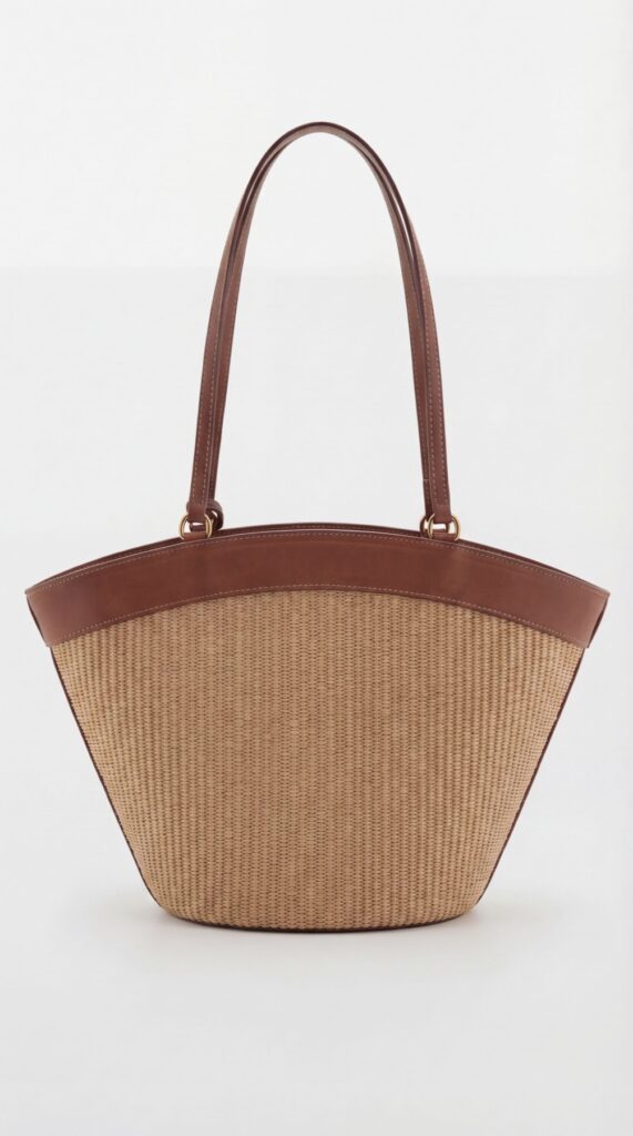 Woven bag with brown handles on a light neutral background.