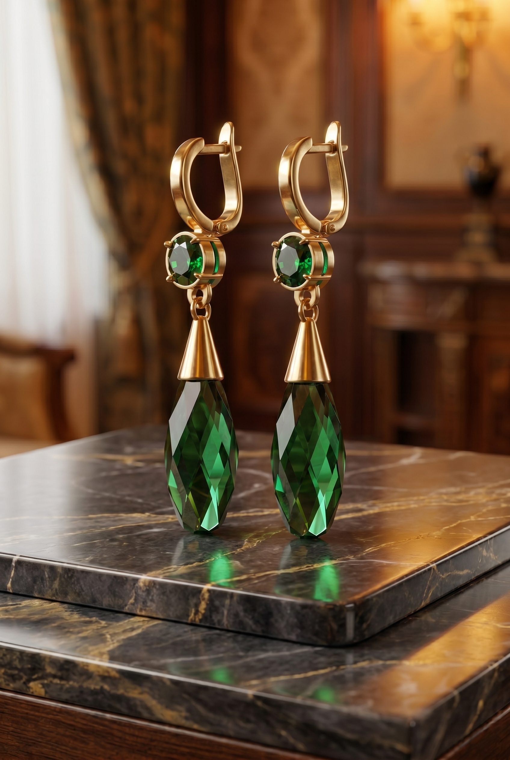 Fotogenic AI jewelry product photography with emerald drop earrings on a premium podium in a 2:3 ecommerce card scene