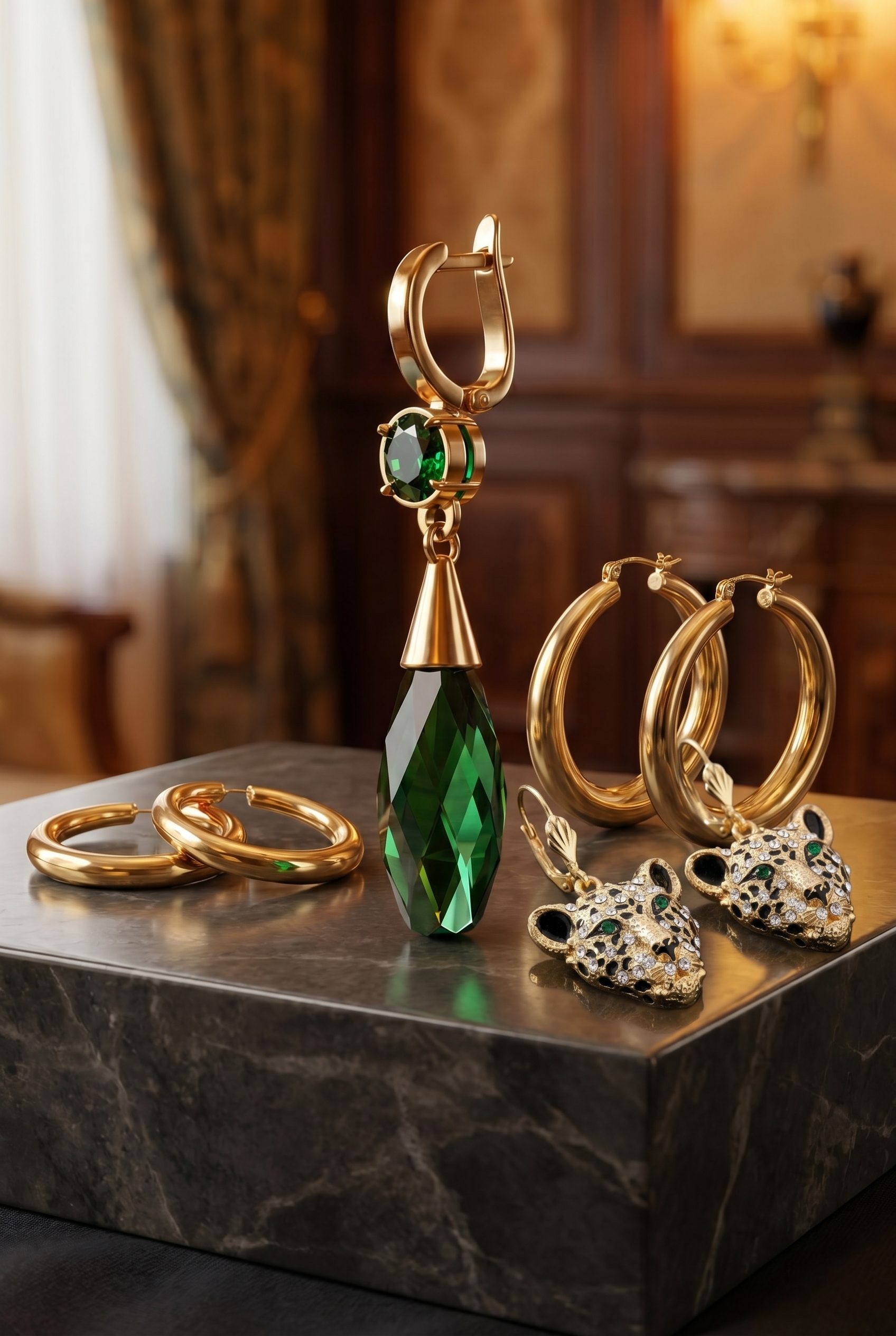 Fotogenic AI jewelry product photography with emerald drop earrings and gold hoops in a premium 2:3 ecommerce card scene