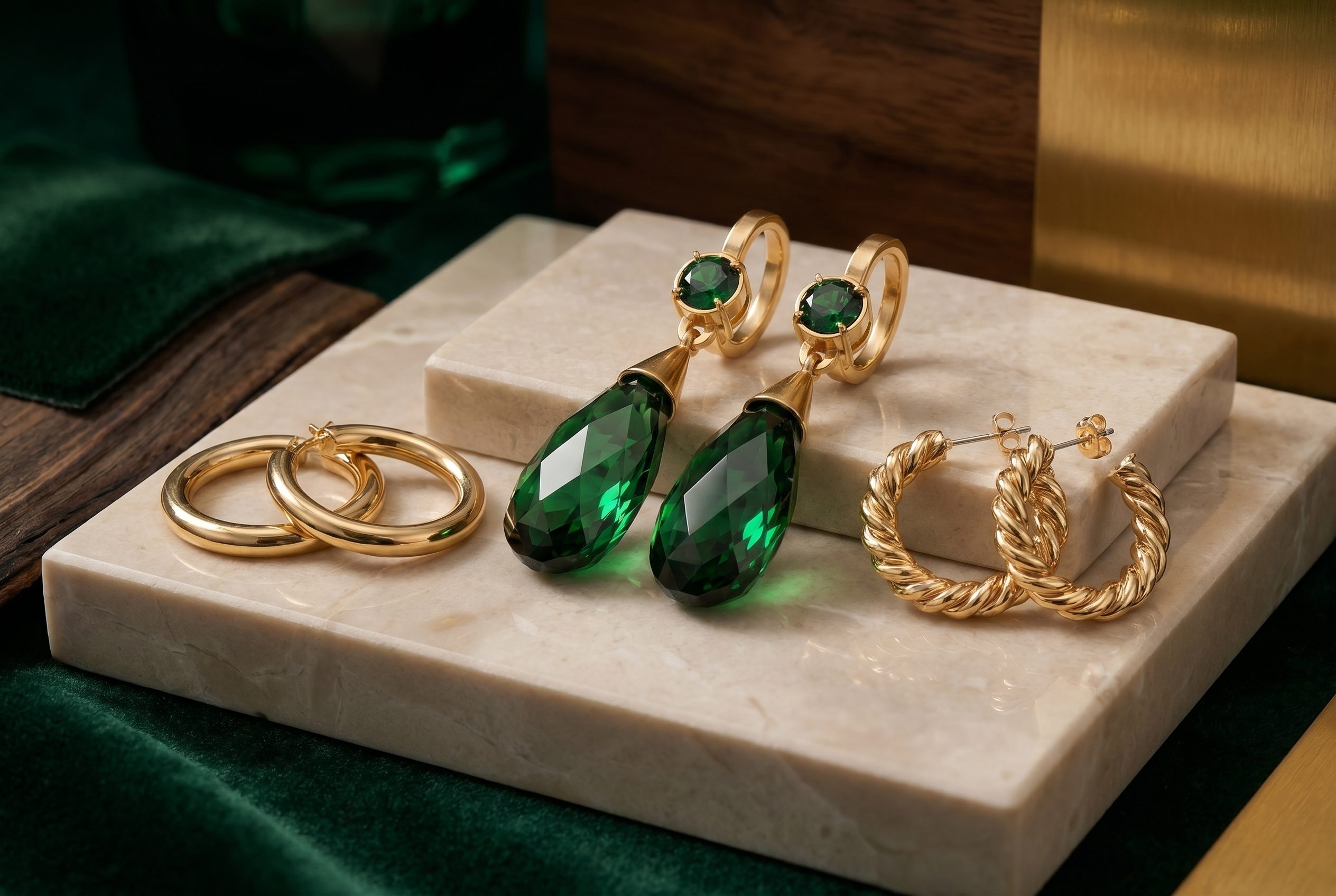 Fotogenic AI jewelry product photography with emerald drop earrings and gold hoops in a premium 3:2 channel card scene