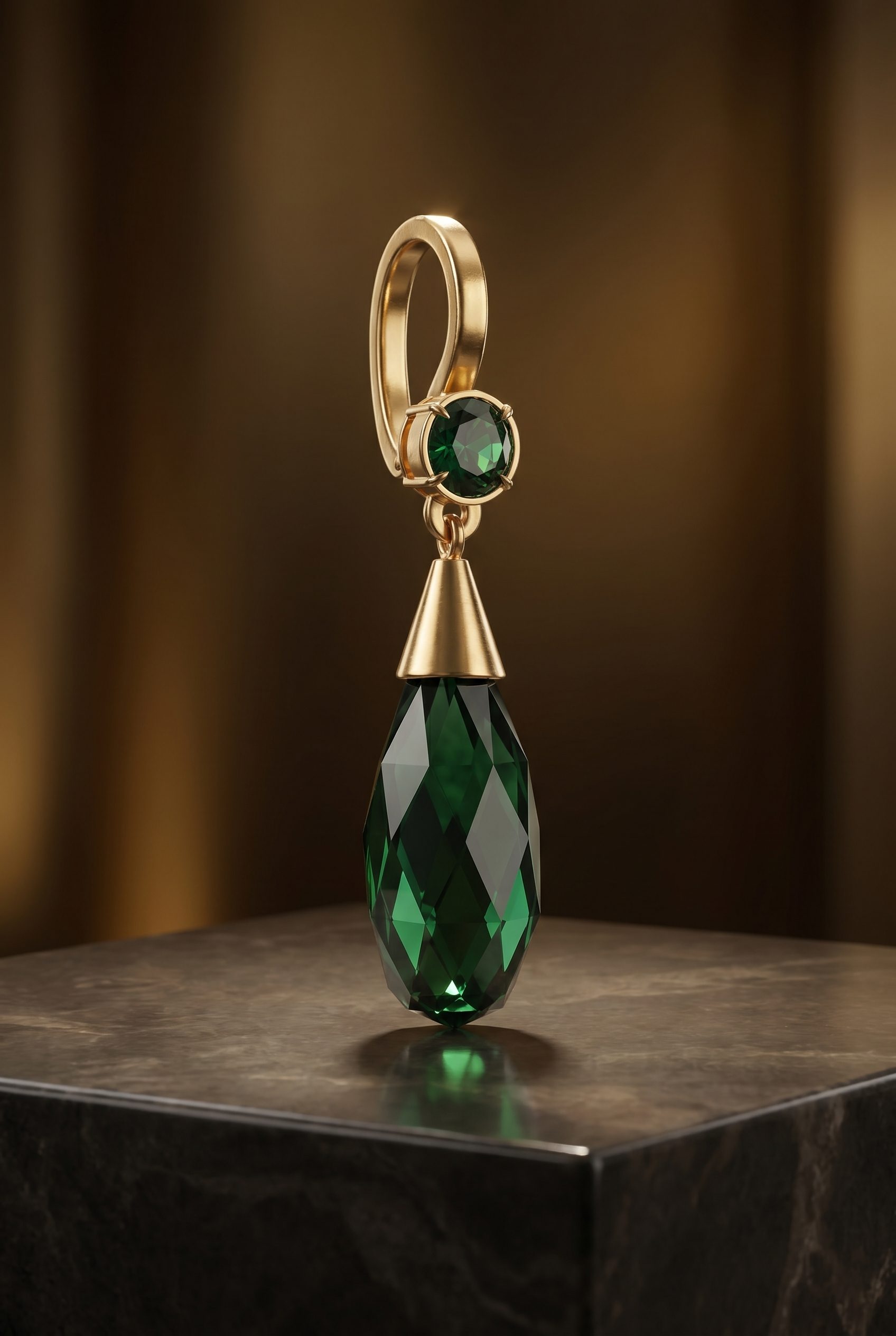 Fotogenic AI jewelry product photography with gold and emerald jewelry in a premium 2:3 ecommerce card scene