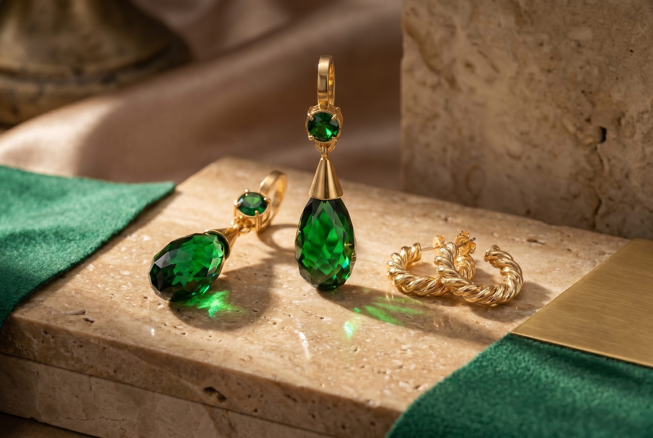 Fotogenic AI jewelry product photography with gold and emerald earrings in a premium 3:2 related card scene