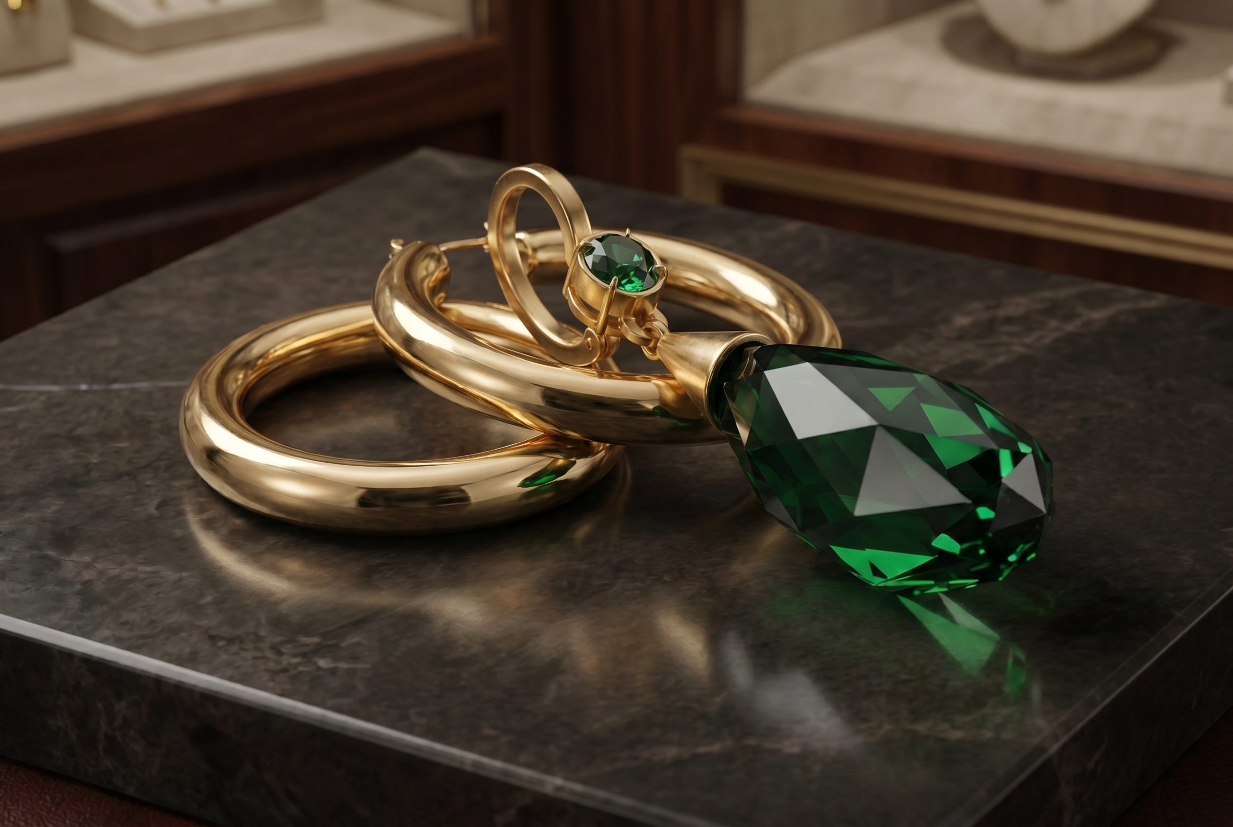 Fotogenic AI jewelry product photography with gold hoops and emerald earring in a 3:2 marketplace scene