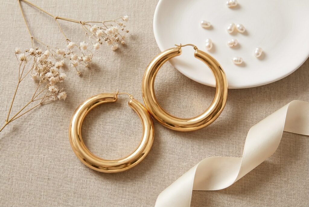 Gold hoop earrings on a textured tabletop.