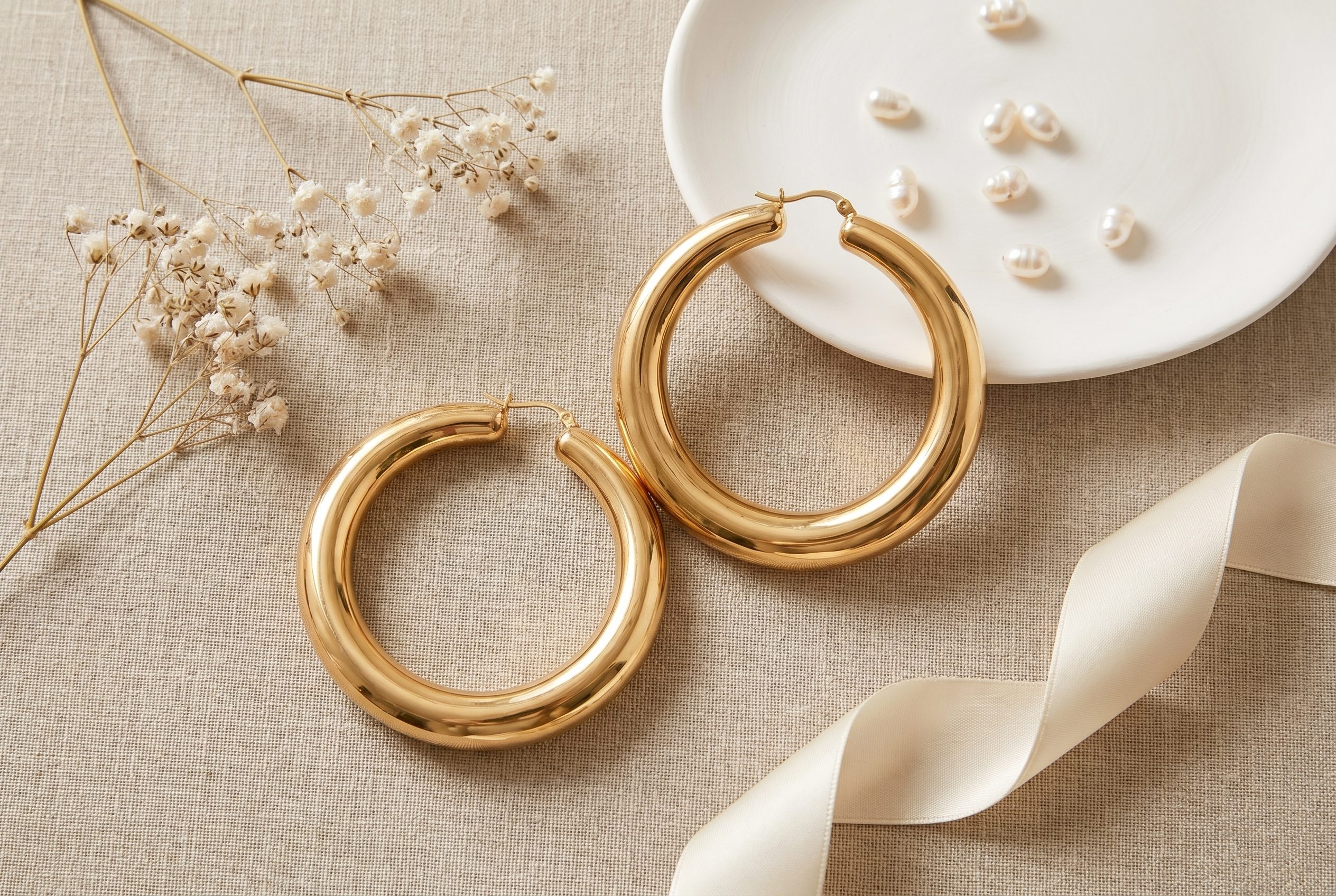 Fotogenic AI jewelry product photography showing gold hoop earrings in a clean social flatlay scene
