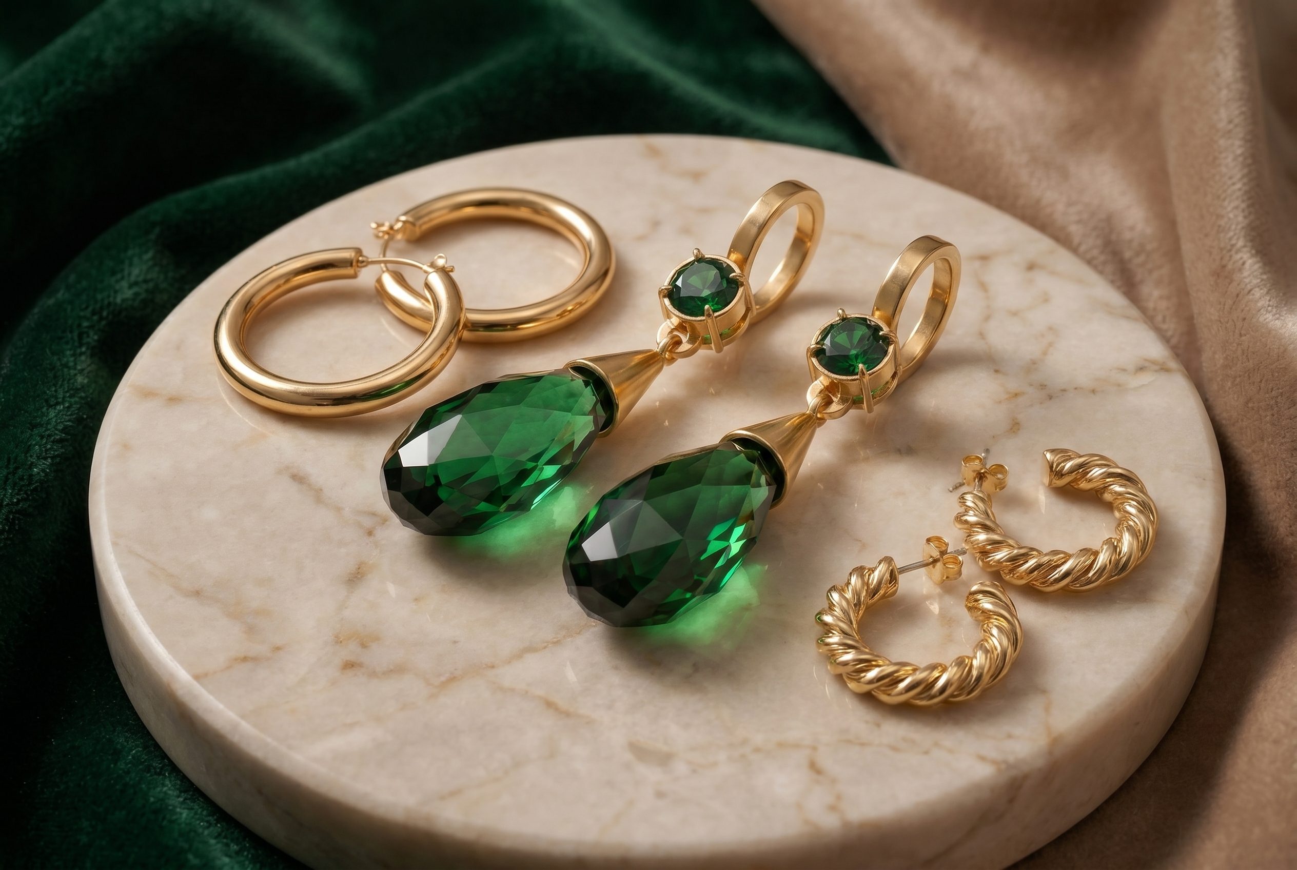 Fotogenic AI jewelry product photography with gold hoops and emerald earrings in a premium 3:2 ecommerce card scene