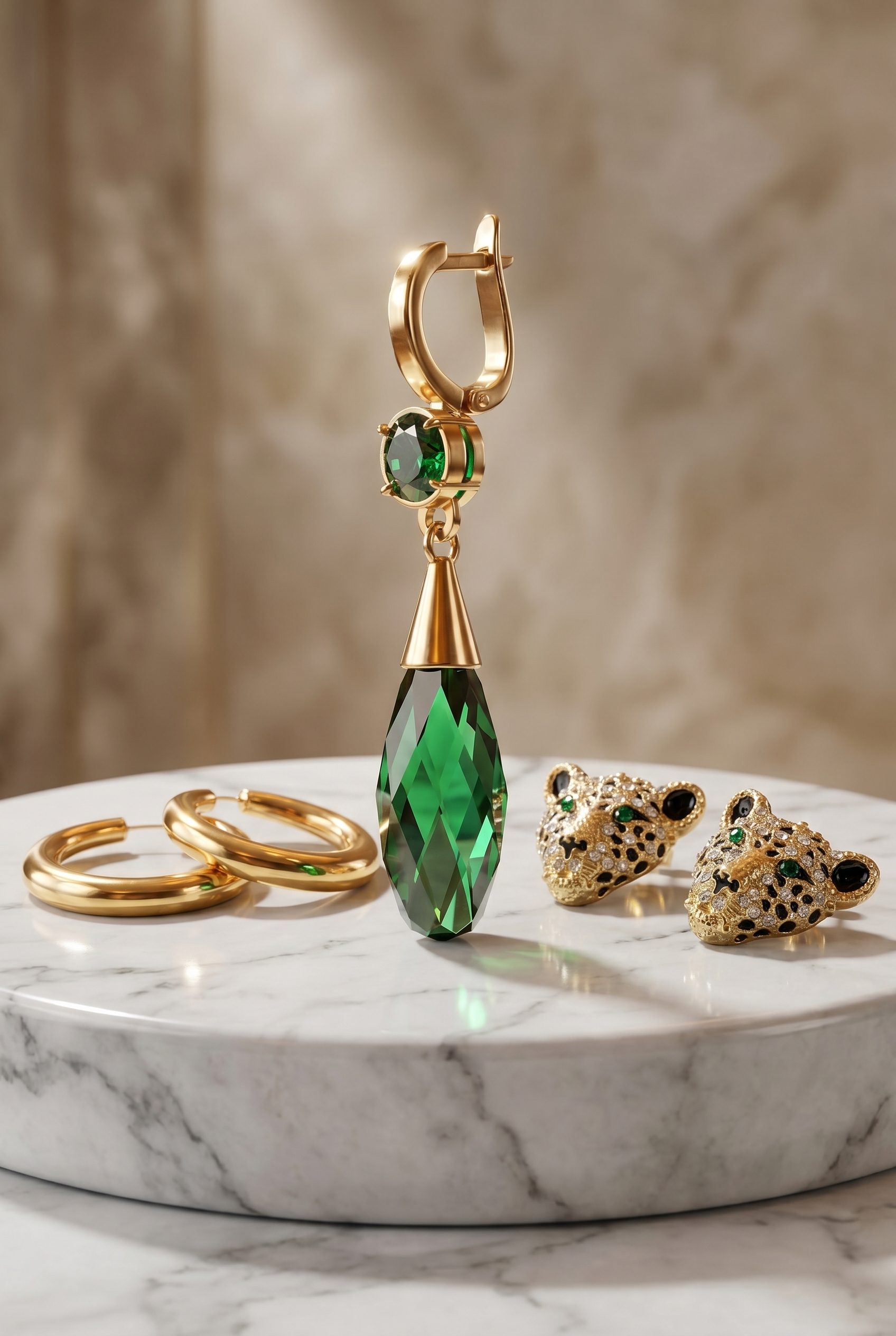 Fotogenic AI jewelry product photography with gold hoops and emerald earring in a premium 2:3 ecommerce card scene