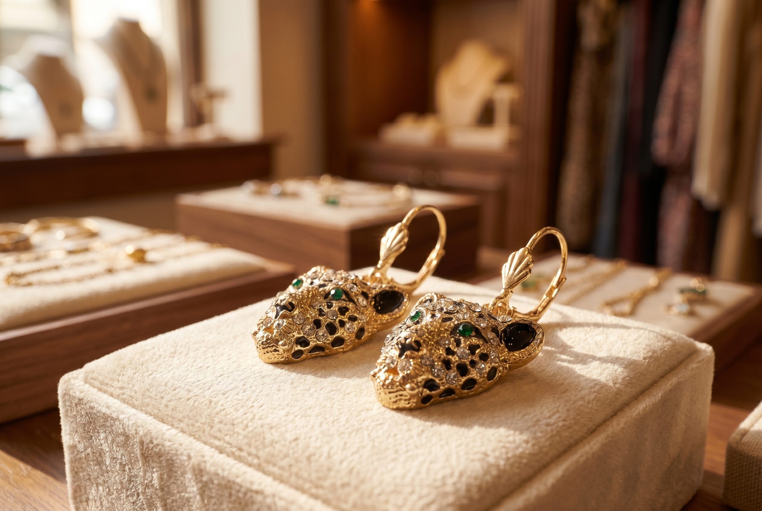 Fotogenic AI jewelry product photography showing leopard earrings in a warm lifestyle boutique scene