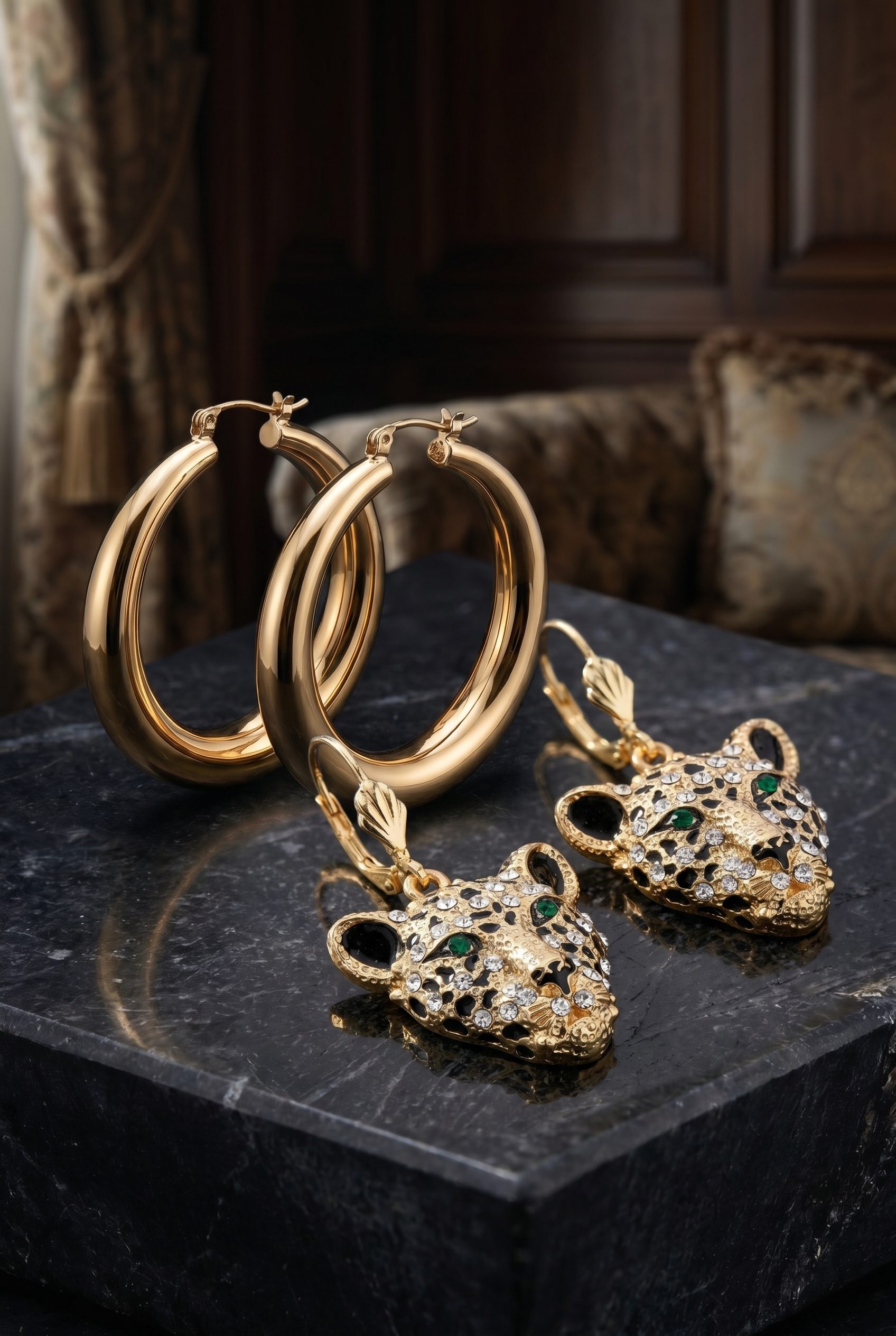 Fotogenic AI jewelry product photography with gold hoop and leopard earrings in a premium 2:3 ecommerce card scene