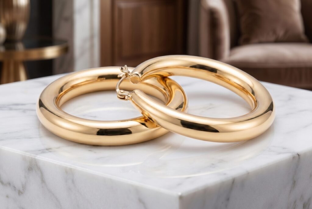 Jewelry product photo example with polished gold hoop earrings.