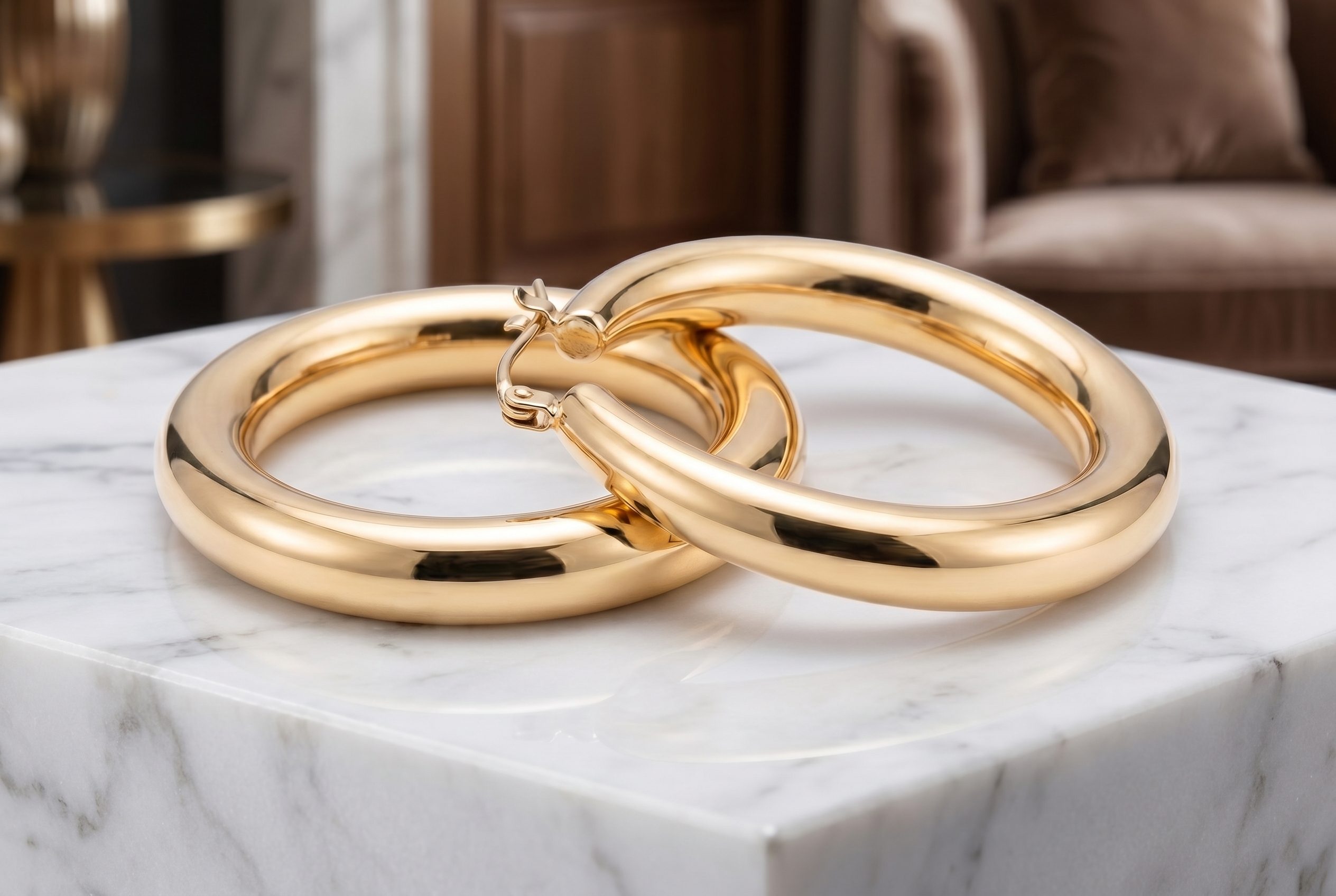 Fotogenic AI jewelry product photography with polished gold hoop earrings in a premium 3:2 related card scene